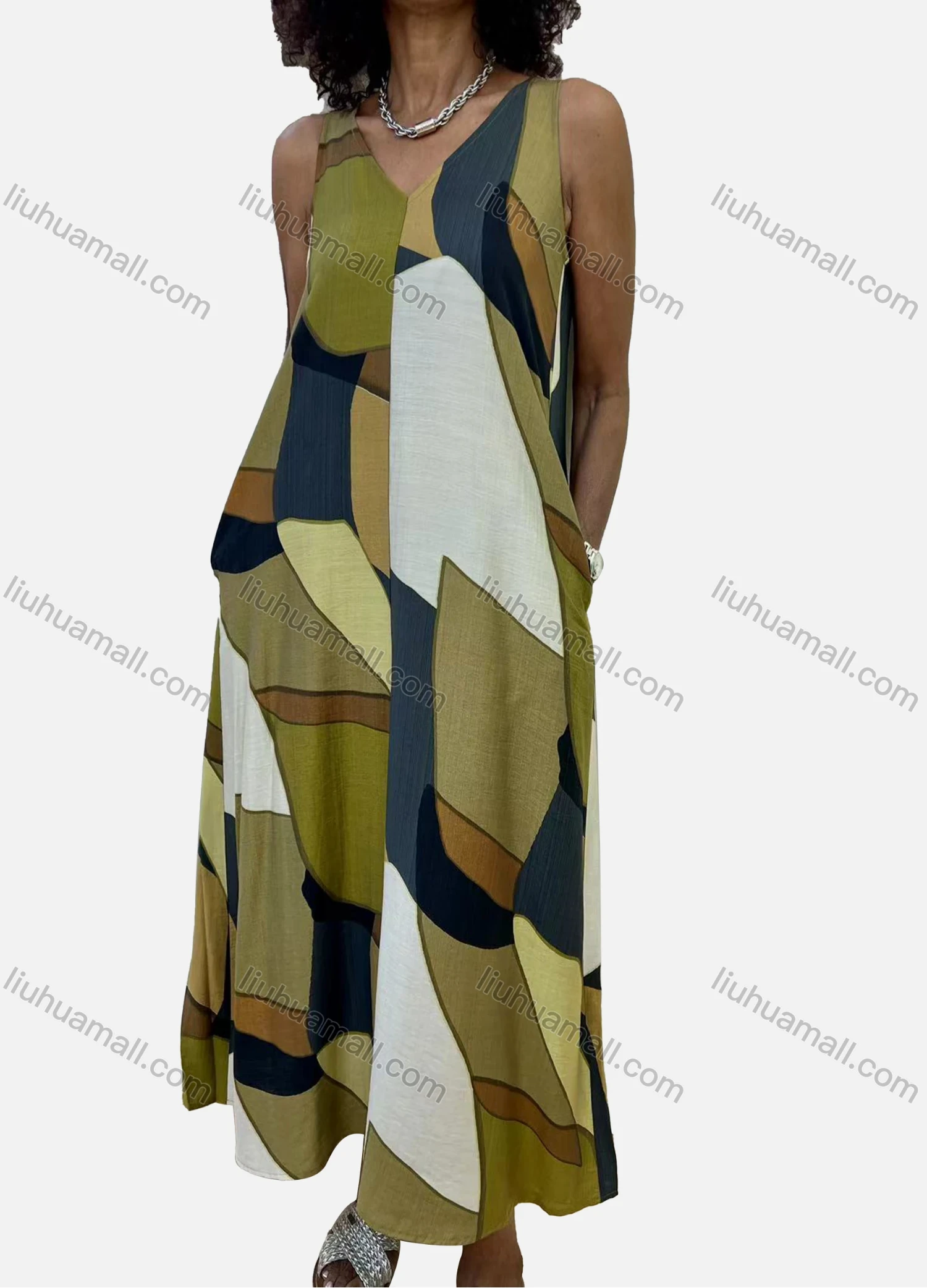 Wholesale Women's Casual Abstract Colorblock V Neck Patch Pocket Maxi Woven Tank Dress V5206# - Liuhuamall