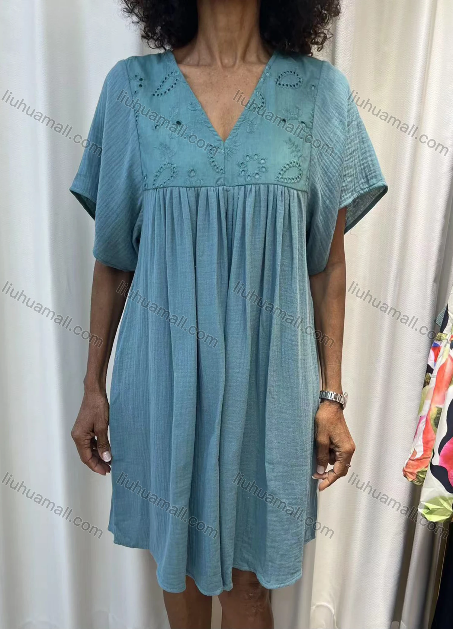 Wholesale Women's Casual Plain V Neck Short Sleeve Ruched Eyelet Embroidered Woven Dress V5202-1# - Liuhuamall