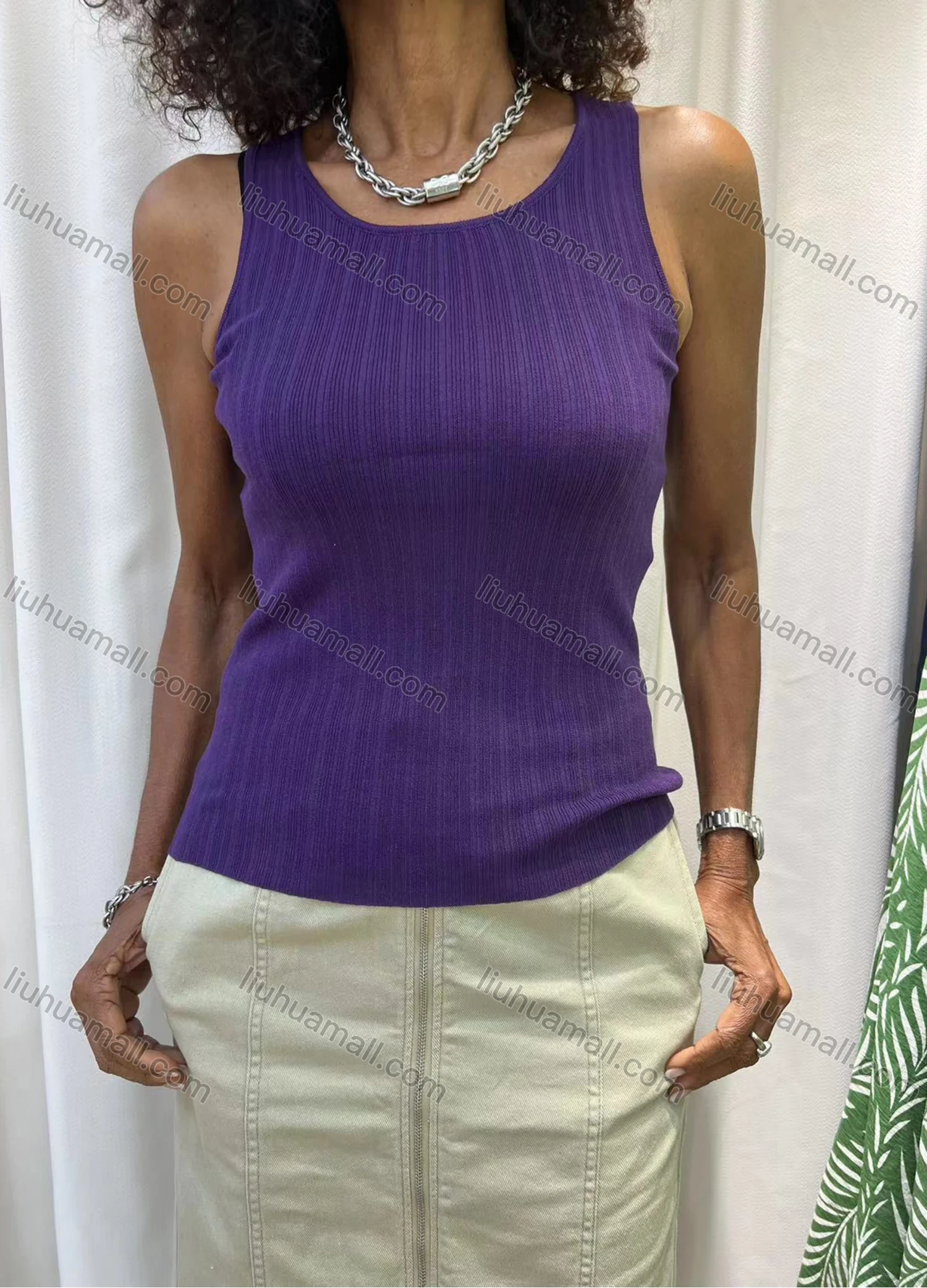 Wholesale Women's Casual Plain Crew Neck Knit Tank Top VL168# - Liuhuamall