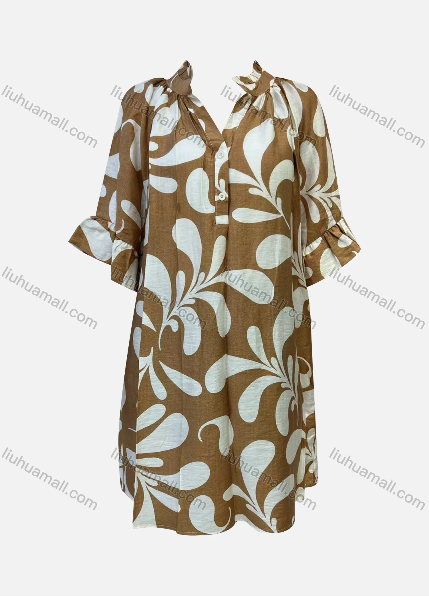 Wholesale Women's Casual Abstract Notched Neck Half Sleeve Ruched Button Front Woven Dress V023# - Liuhuamall