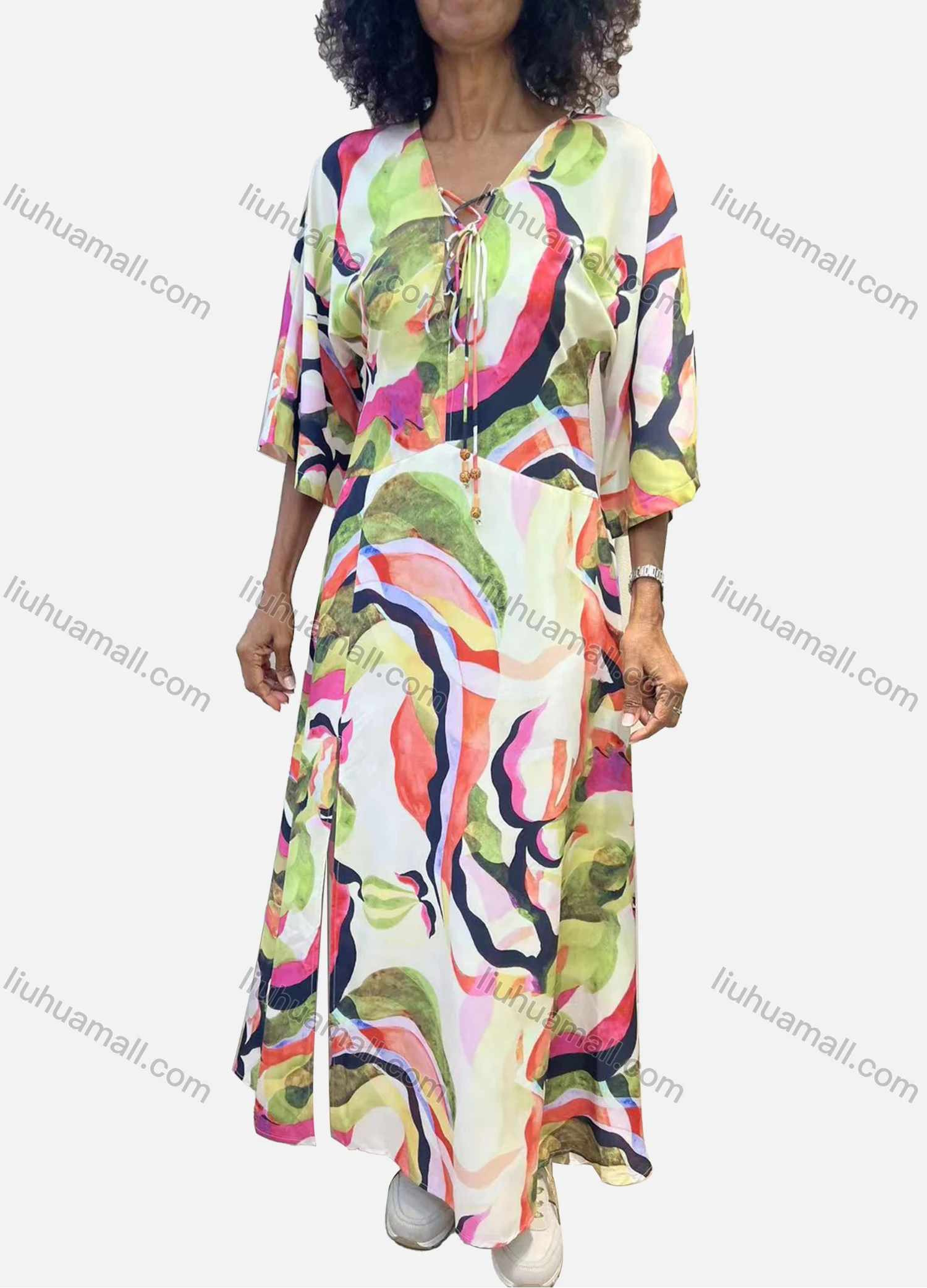 Wholesale Women's Casual Abstract V Neck Half Sleeve Tie Front Split Hem Woven Maxi Dress V5208# - Liuhuamall
