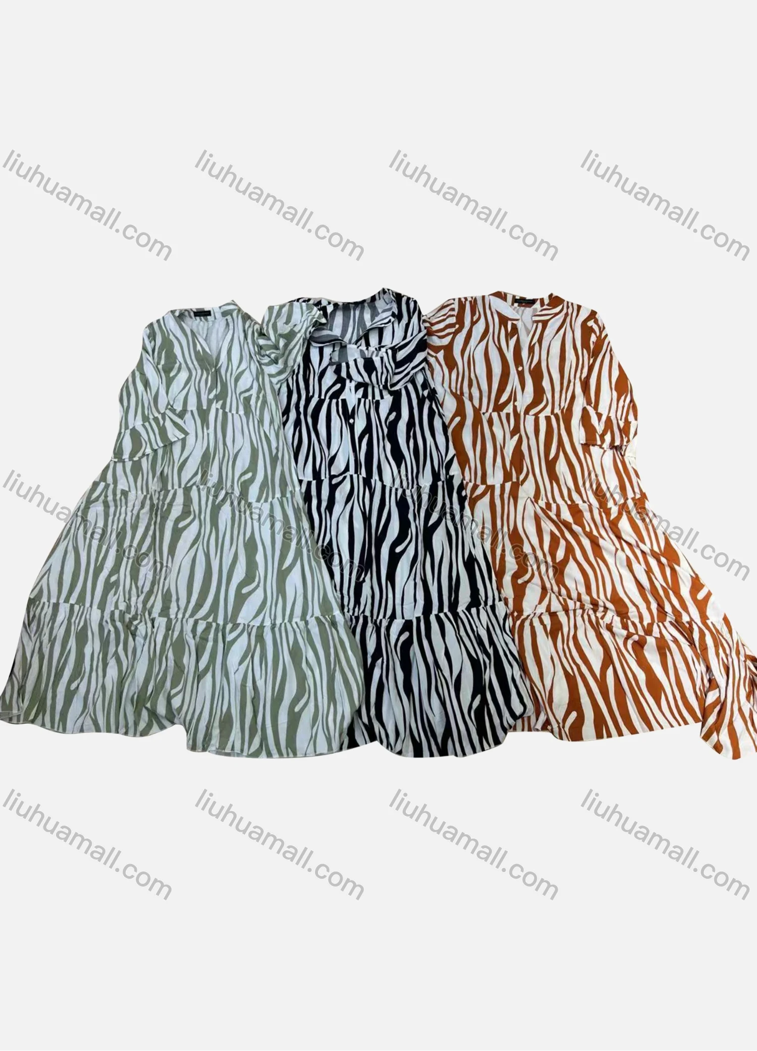 Wholesale Women's Casual Zebra Stripe Notched Neck Half Sleeve Ruched Button Front Ruffle Hem Woven Maxi Dress K1591# - Liuhuamall