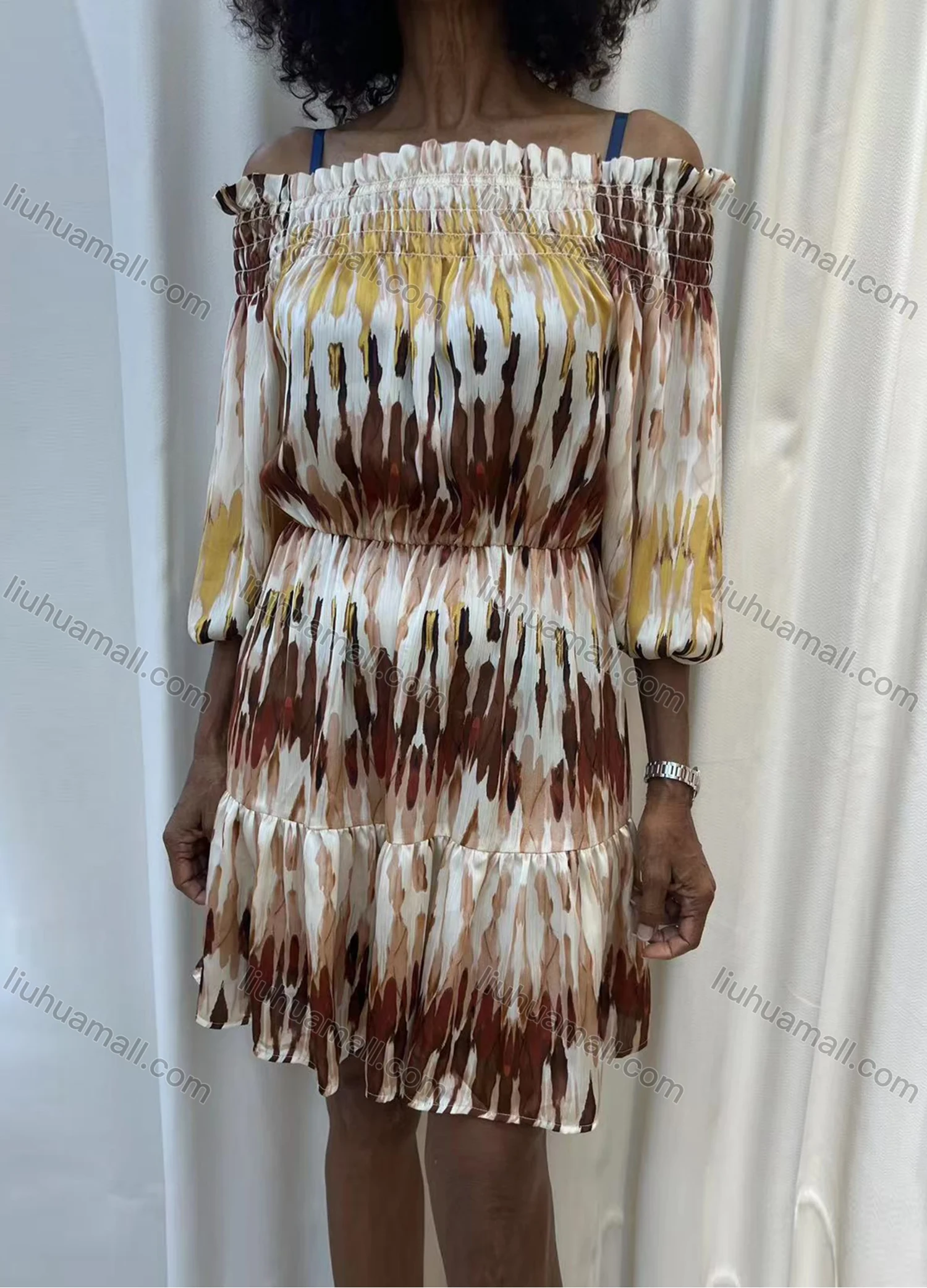 Wholesale Women's Casual Allover Abstract Print Off Shoulder Shirred Ruffle Trim Short Dress V5207# - Liuhuamall