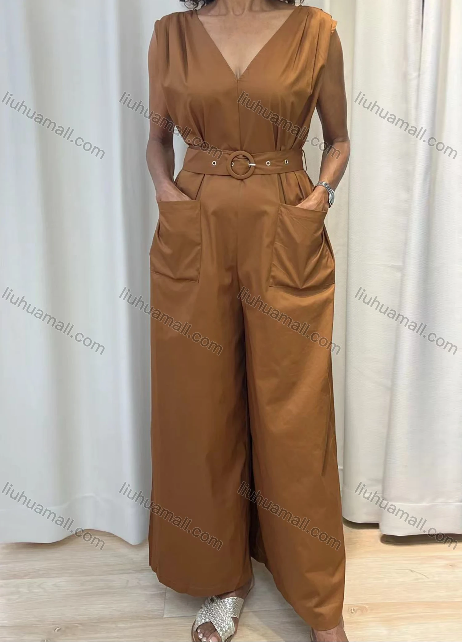 Wholesale Women's Casual Plain Pleated Double Pockets Wide Leg V Neck Tank Jumpsuit With Belt V5209# - Liuhuamall