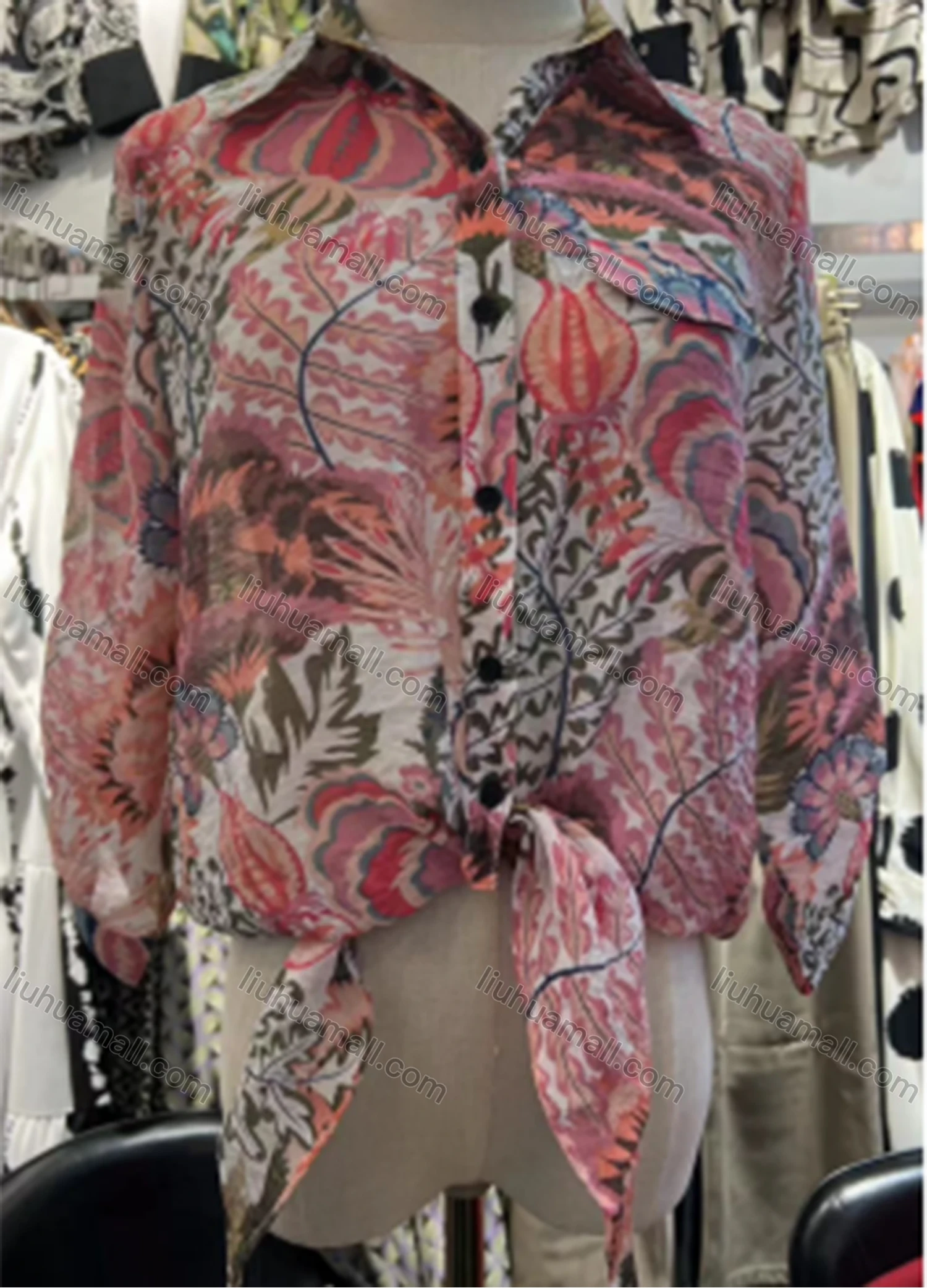 Wholesale Women's Casual Allover Plants Print Collared Long Sleeve Button Down Shirt 711# - Liuhuamall