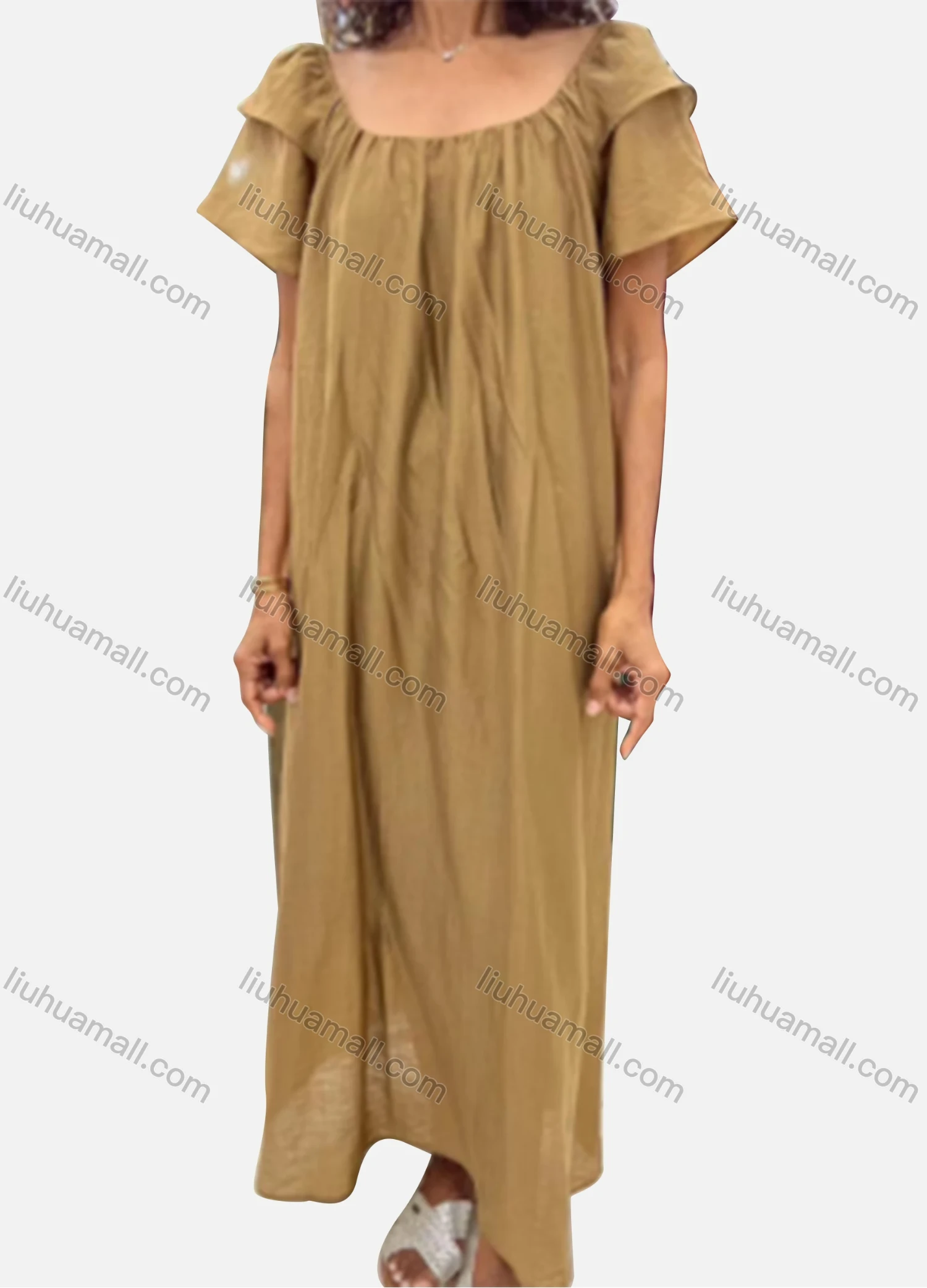 Wholesale Women's Casual Plain Square Neck Ruched Layered Short Sleeve Maxi Dress FYFS005# - Liuhuamall
