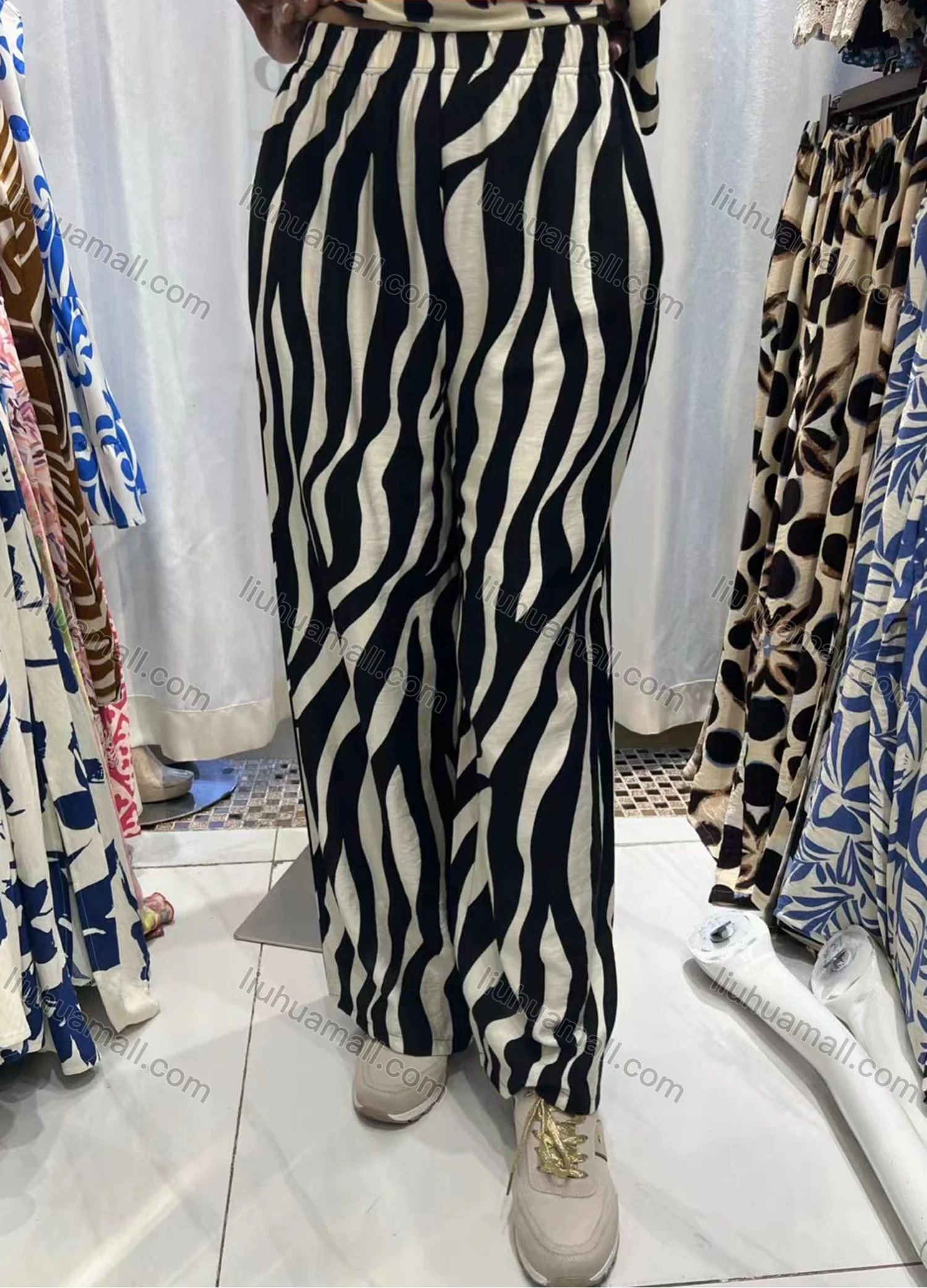 Wholesale Women's Casual Zebra Stripe High Waist Woven Wide Leg Pants JSN138# - Liuhuamall