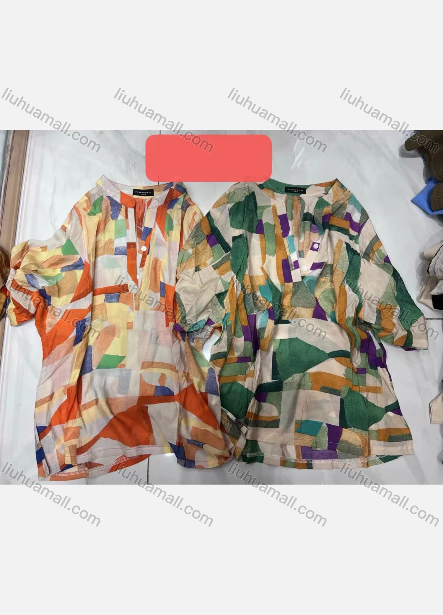 Wholesale Women's Casual Allover Print Colorblock Notched Half Sleeve Button Front Woven Tunic JSN142# - Liuhuamall