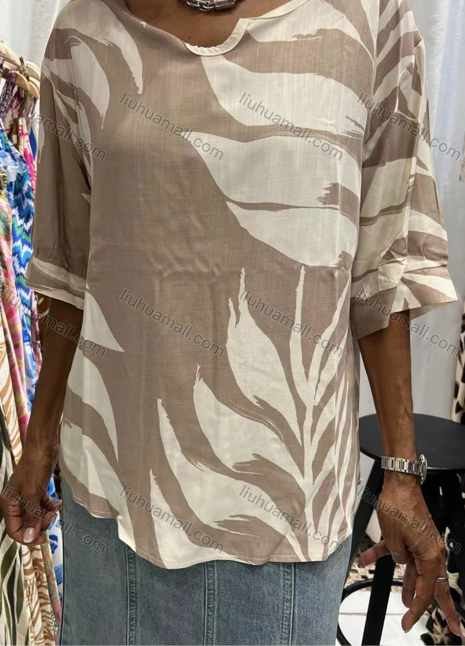 Wholesale Women's Casual Leaf Print Crew Neck Half Sleeve Woven Top JSN145# - Liuhuamall