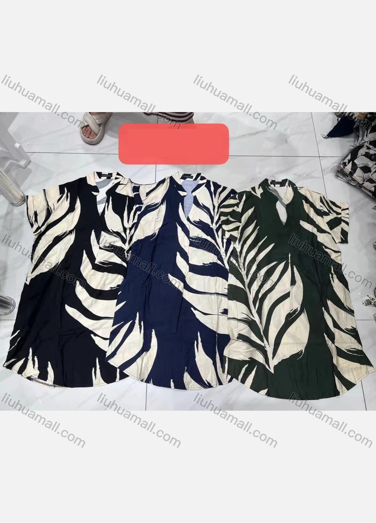 Wholesale Women's Casual Leaf Print Notched Neck Curved Hem Woven Knee Length Dress JSN146# - Liuhuamall