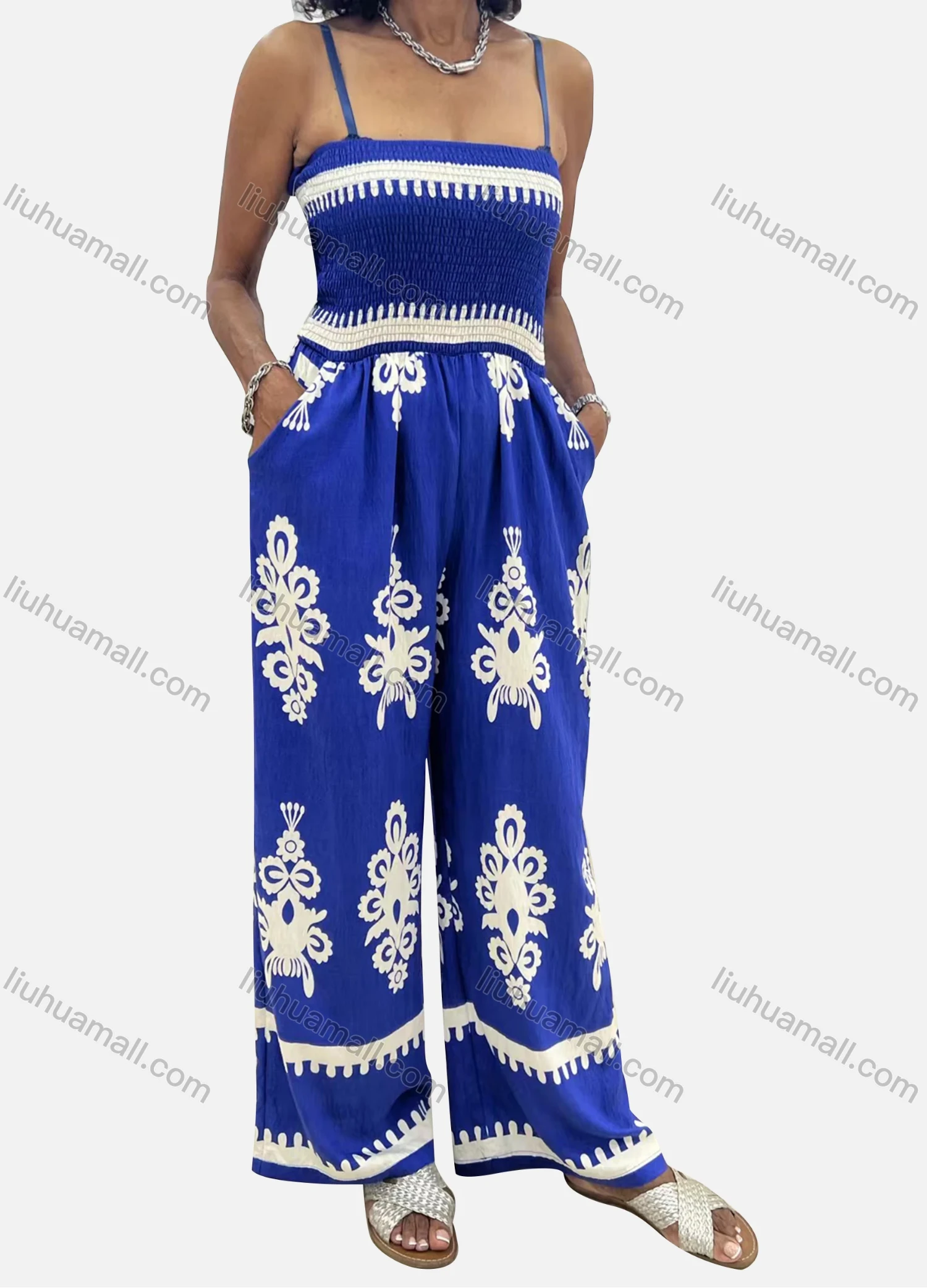 Wholesale Women's Casual Folk Art Patch Pocket Woven Cami Tube Jumpsuit 7048# - Liuhuamall