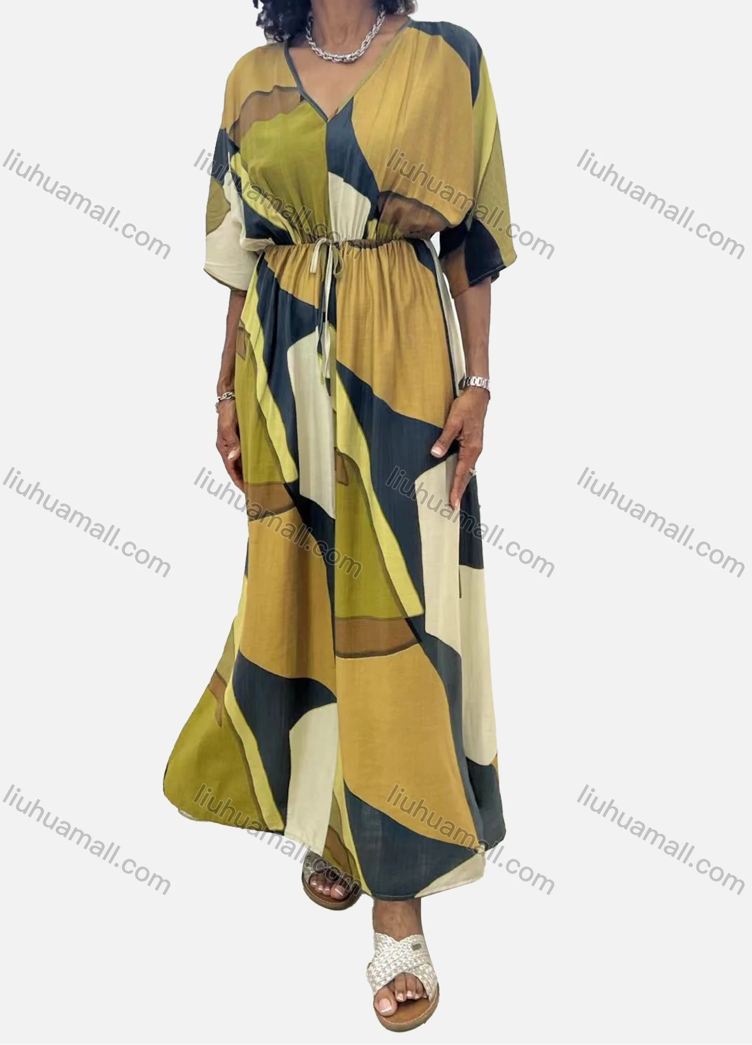 Wholesale Women's Casual Colorblock V Neck Ruched Drawstring Half Sleeve Woven Maxi Dress 2417# - Liuhuamall