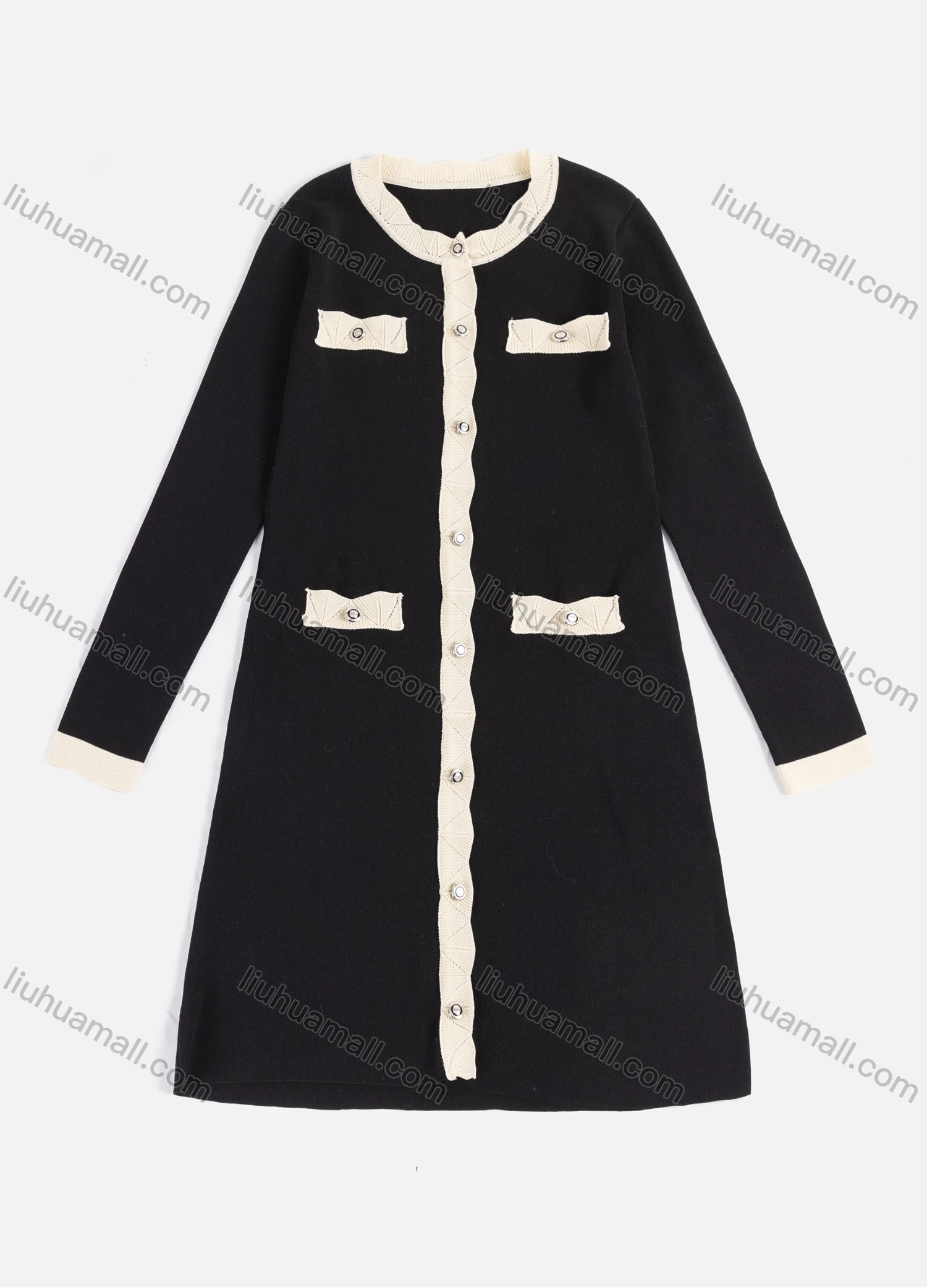 Wholesale Women's Casual Crew Neck Fake Pockets Button Down Splicing Long Cardigan 2402# - Liuhuamall