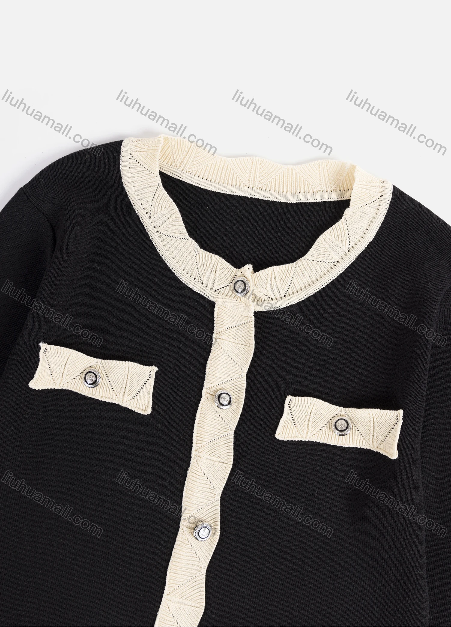 Wholesale Women's Casual Crew Neck Fake Pockets Button Down Splicing Long Cardigan 2402# - Liuhuamall