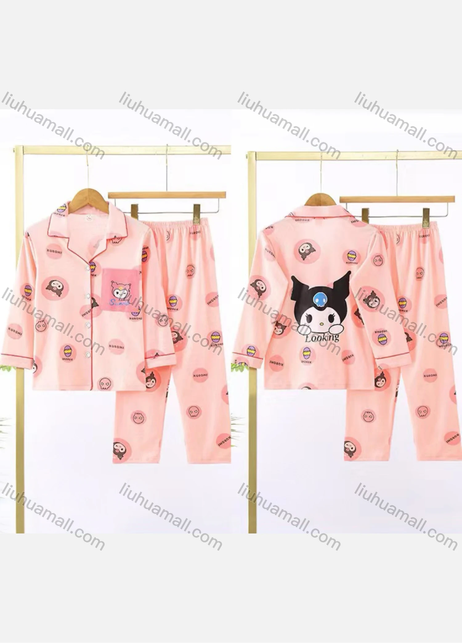 Wholesale Girls Lovely Cartoon Letter Lapel Pocket Button Down Long Sleeve Lounge Pajamas 2 Piece Set 2# - Liuhuamall