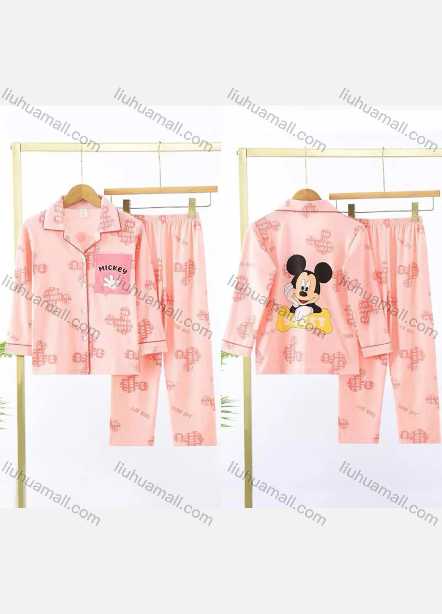 Wholesale Girls Lovely Cartoon Letter Lapel Pocket Button Down Long Sleeve Lounge Pajamas 2 Piece Set 3# - Liuhuamall