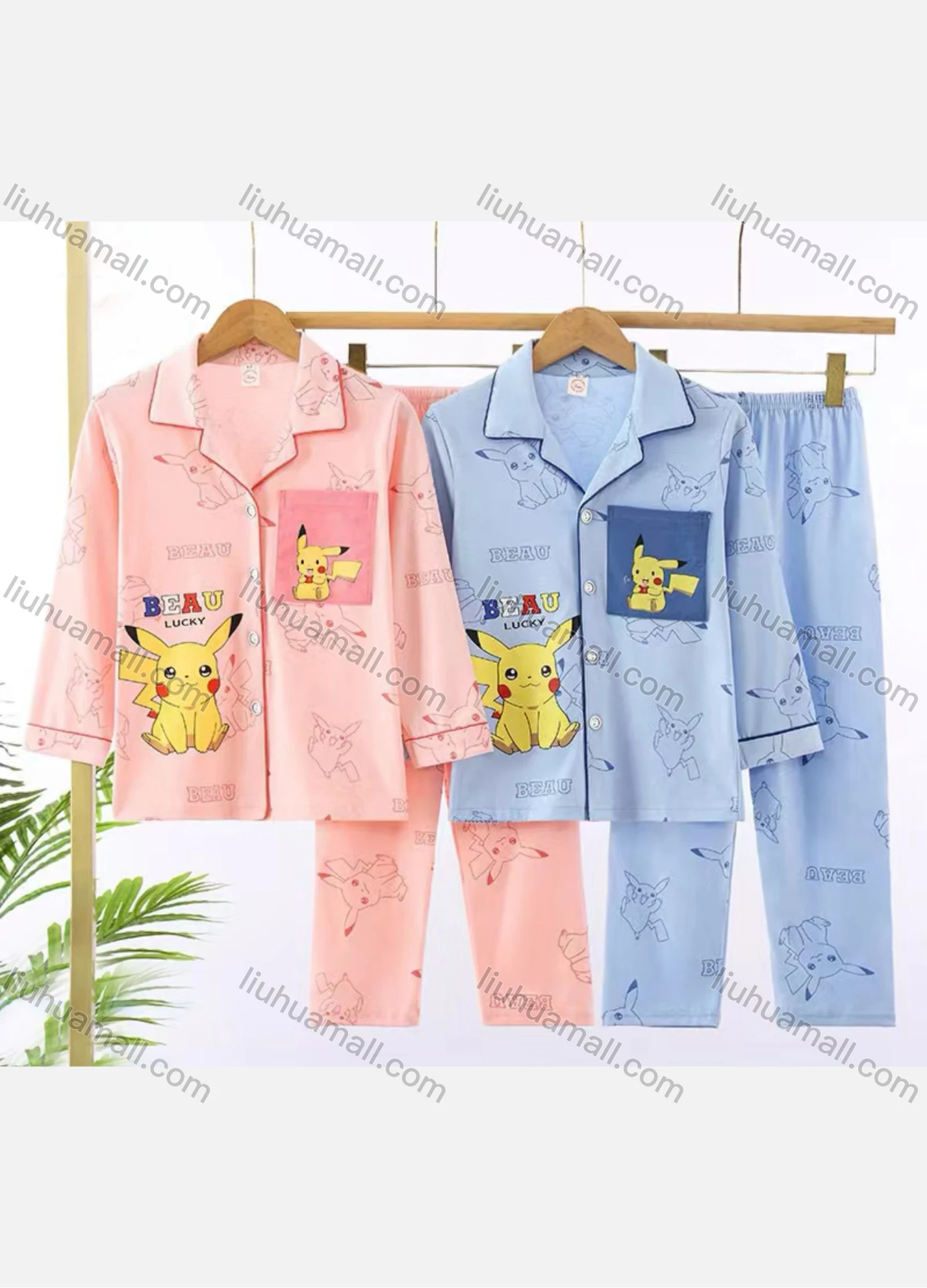 Wholesale Unisex Lovely Cartoon Letter Lapel Pocket Button Down Long Sleeve Lounge Pajamas 2 Piece Set 8# - Liuhuamall