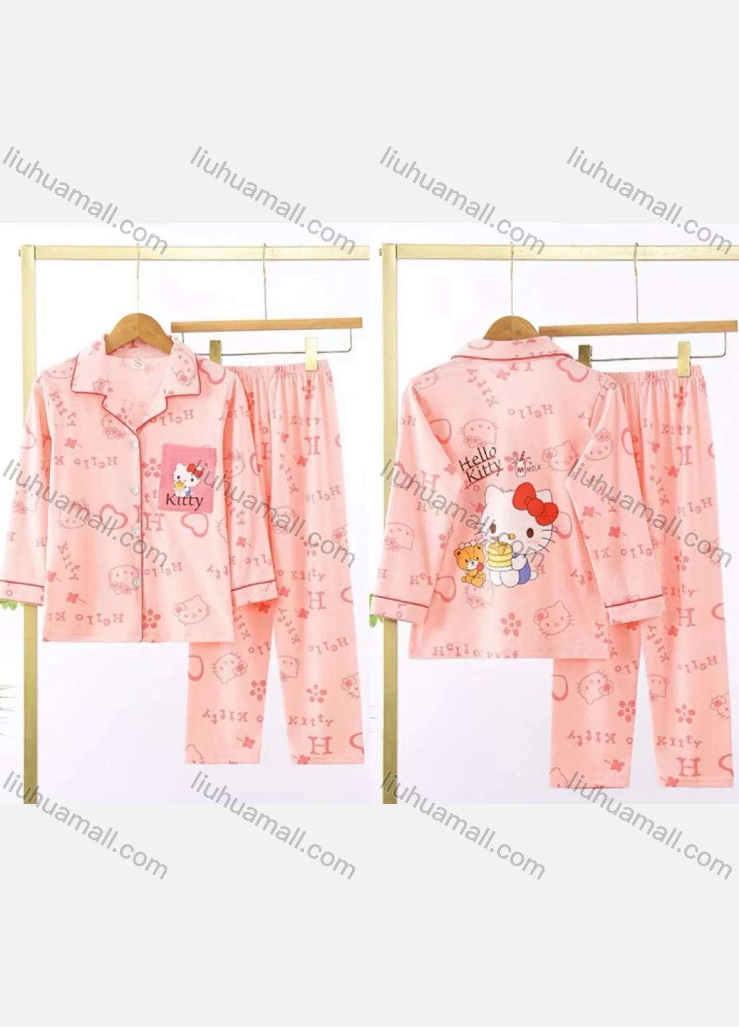 Wholesale Girls Lovely Cartoon Cat Letter Lapel Pocket Button Down Long Sleeve Lounge Pajamas 2 Piece Set 9# - Liuhuamall
