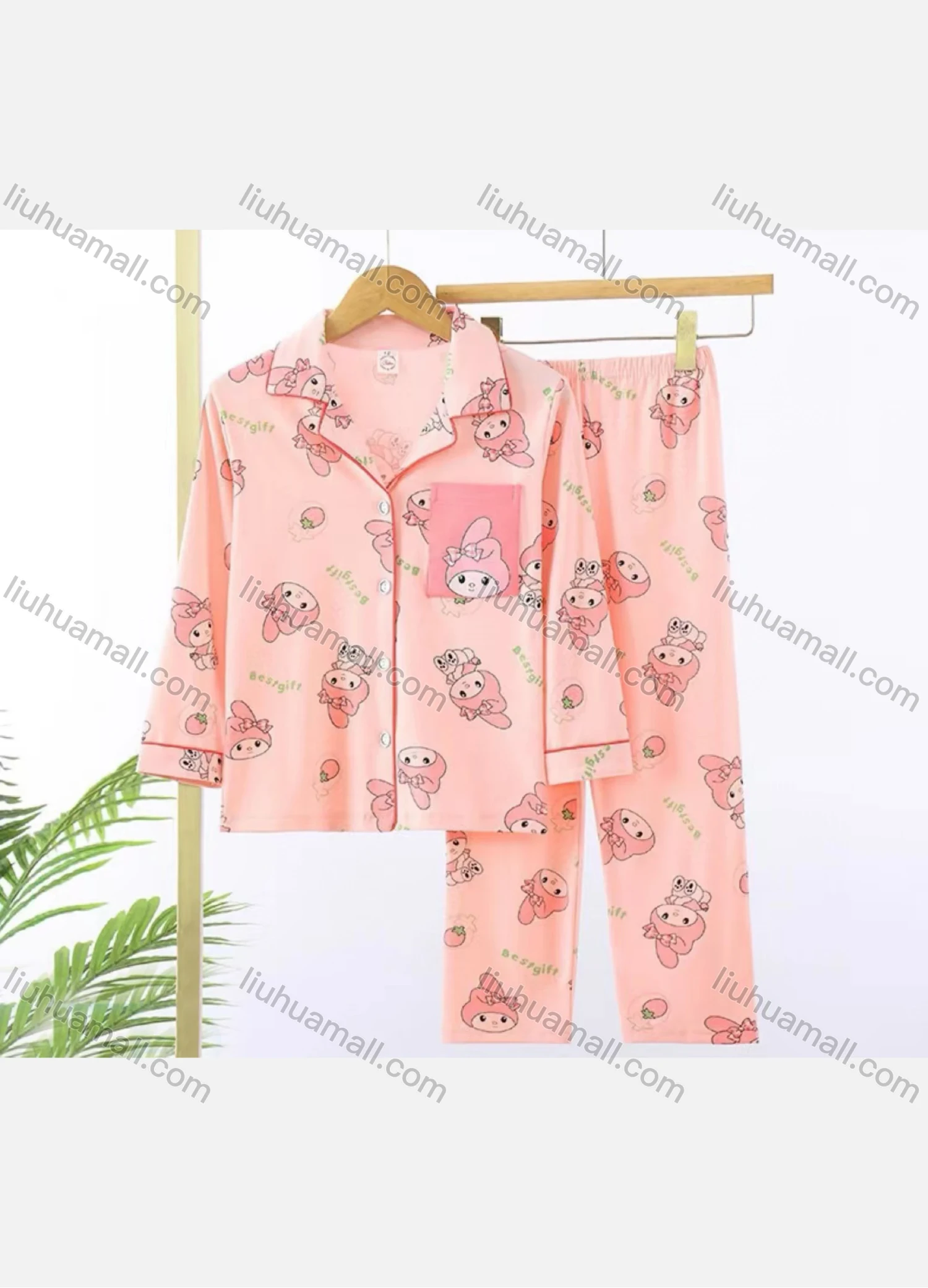 Wholesale Girls Cute Cartoon Letter Lapel Pocket Button Down Long Sleeve Lounge Pajamas 2 Piece Set 10# - Liuhuamall