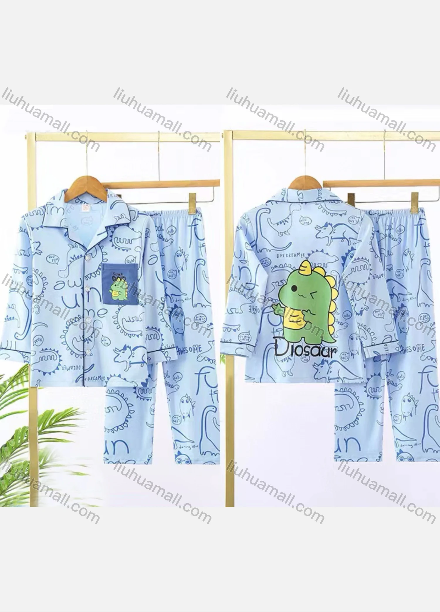 Wholesale Boys Cartoon Dinosaur Print Lapel Pocket Button Down Long Sleeve Lounge Pajamas 2 Piece Set 11# - Liuhuamall