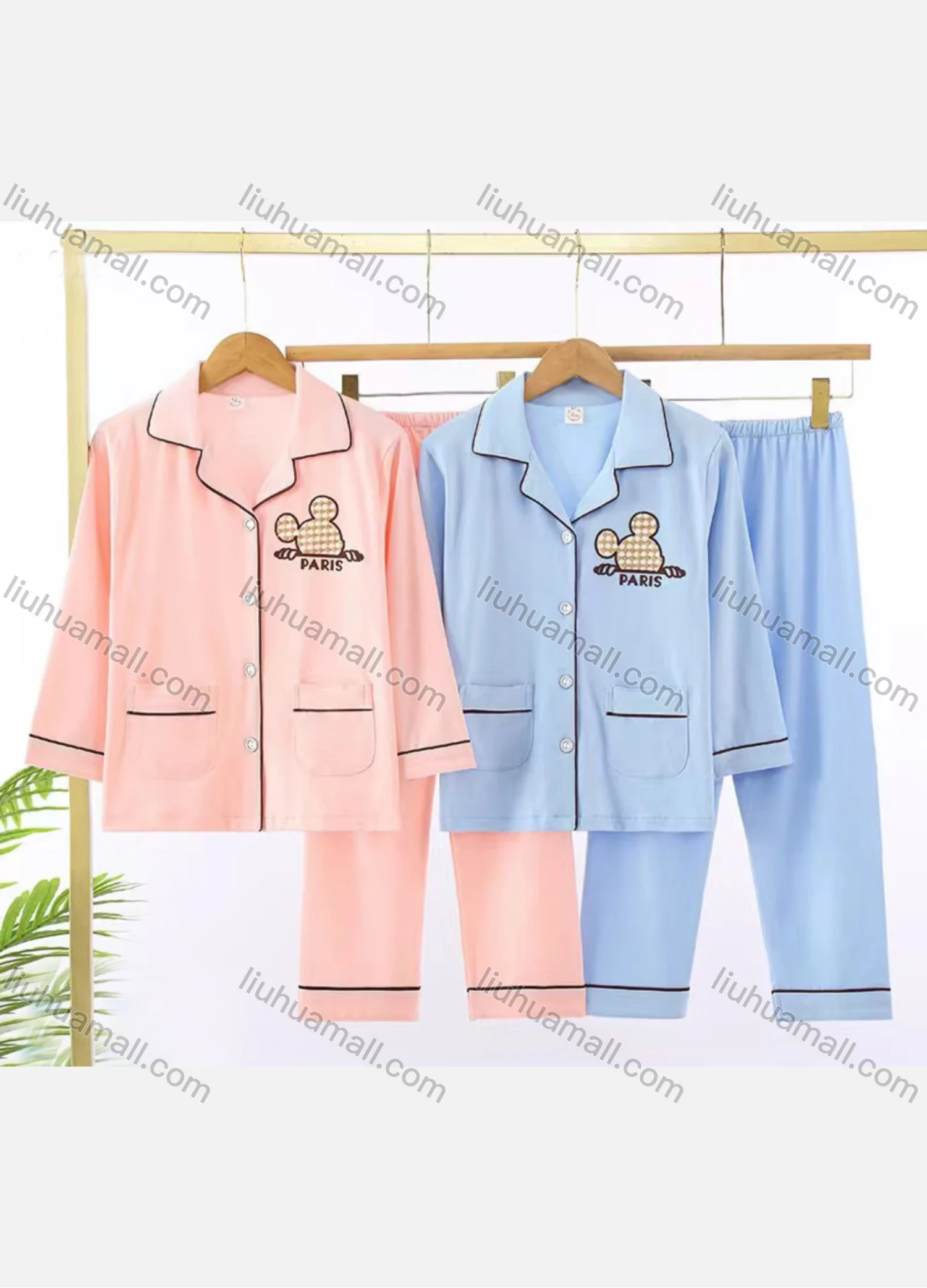 Wholesale Unisex Cartoon Letter Label Double Pockets Button Down Long Sleeve Lounge Pajamas 2 Piece Set 13# - Liuhuamall
