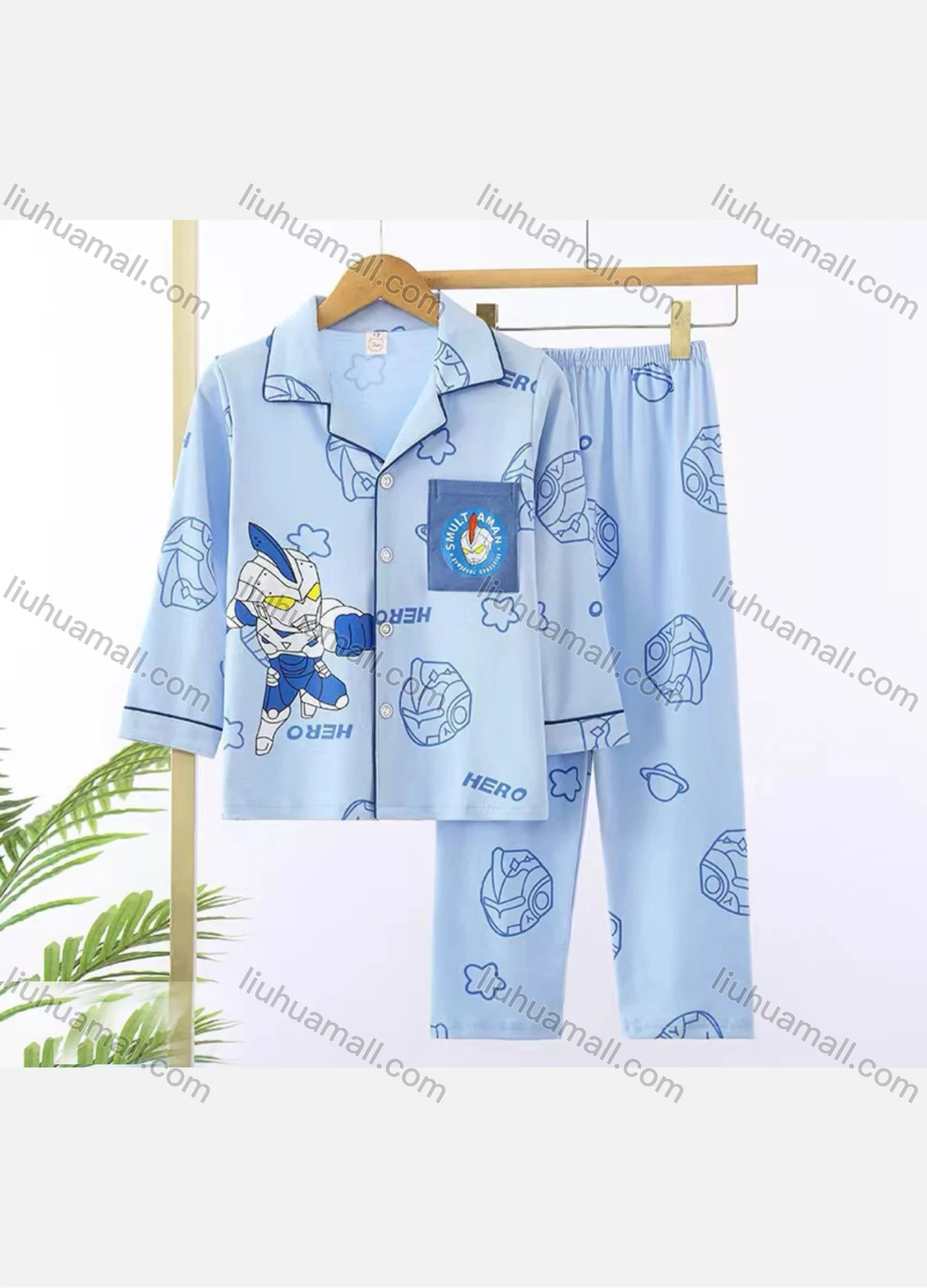 Wholesale Boys Cartoon Letter Print Lapel Pocket Button Down Long Sleeve Lounge Pajamas 2 Piece Set 15# - Liuhuamall