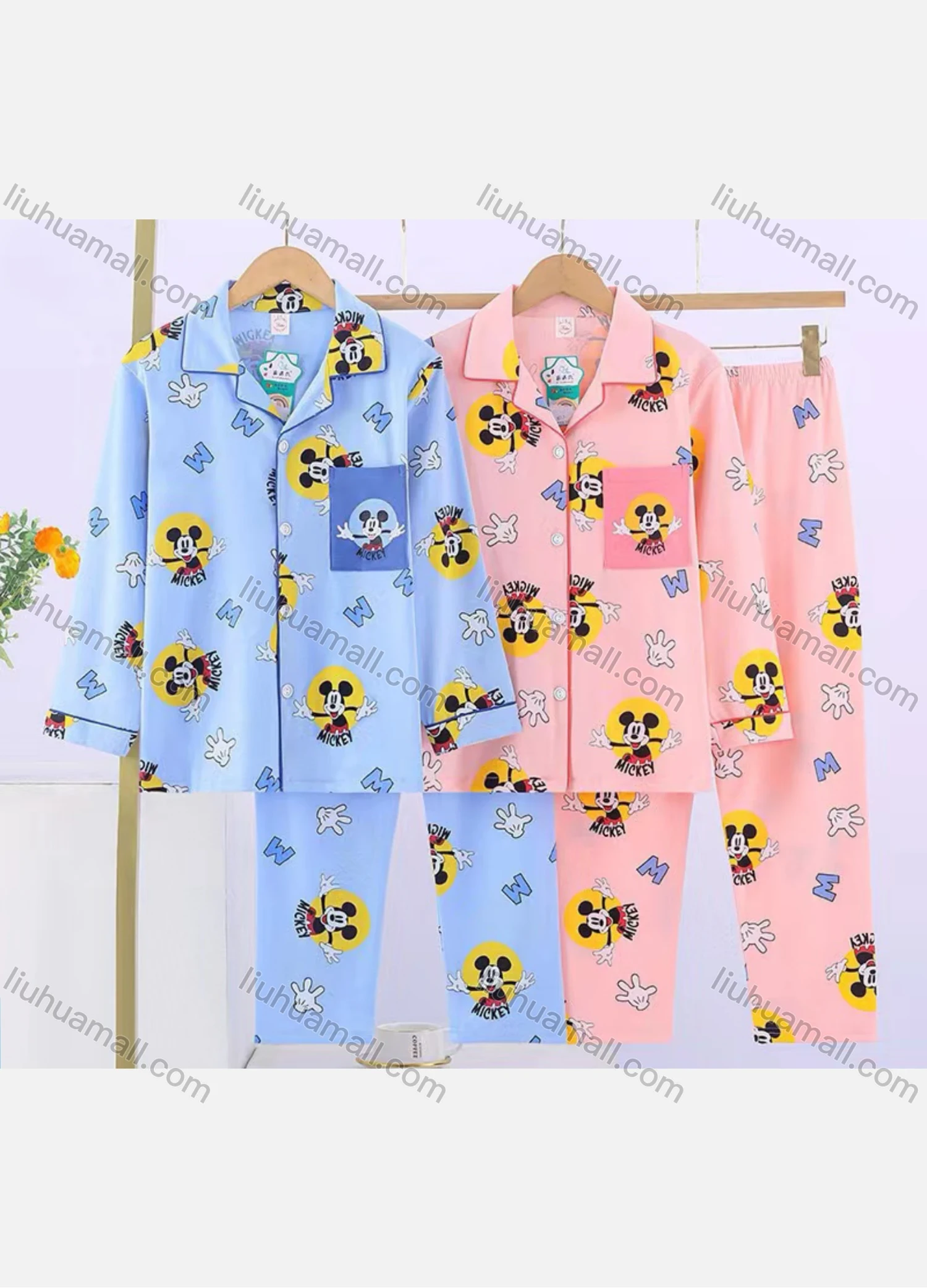 Wholesale Unisex Cartoon Letter Lapel Patch Pocket Button Down Long Sleeve Lounge Pajamas 2 Piece Set 16# - Liuhuamall