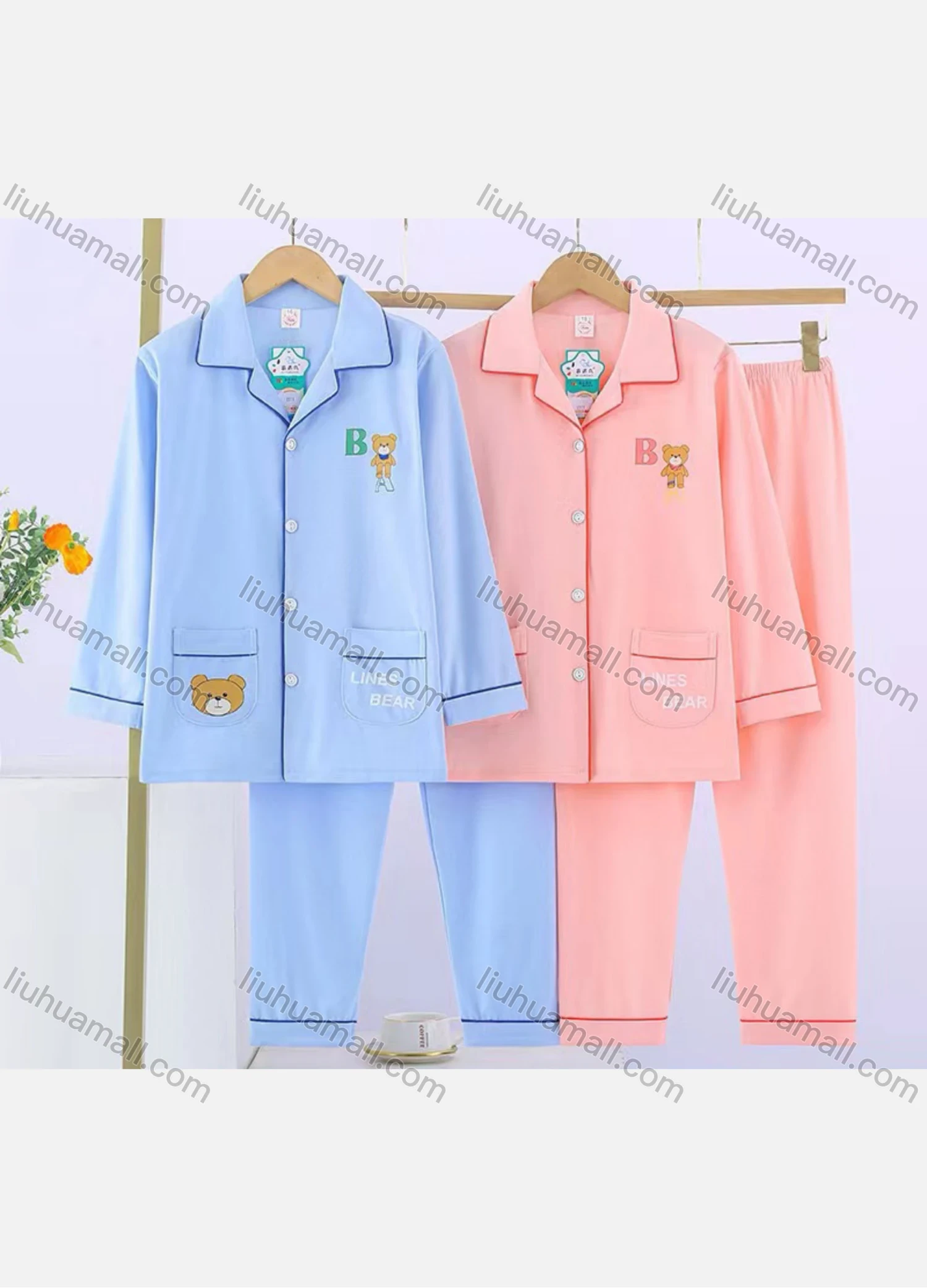 Wholesale Unisex Cartoon Bear Letter Label Double Pockets Button Down Long Sleeve Lounge Pajamas 2 Piece Set 17# - Liuhuamall