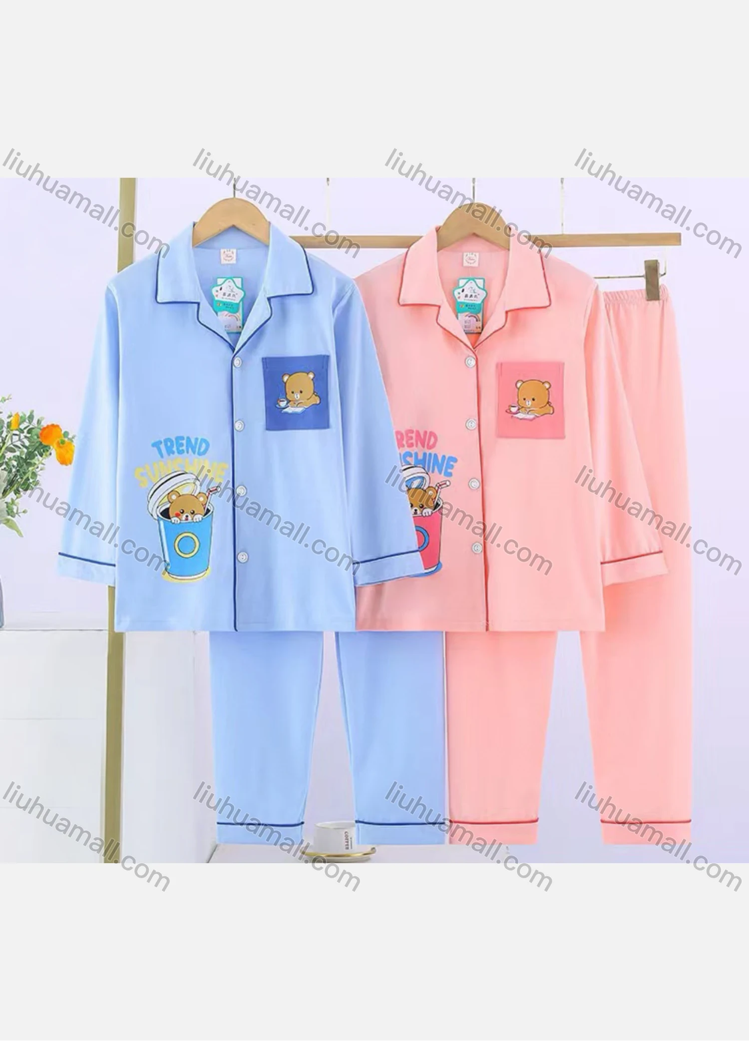 Wholesale Unisex Cartoon Letter Print Lapel Pocket Button Down Long Sleeve Lounge Pajamas 2 Piece Set 18# - Liuhuamall