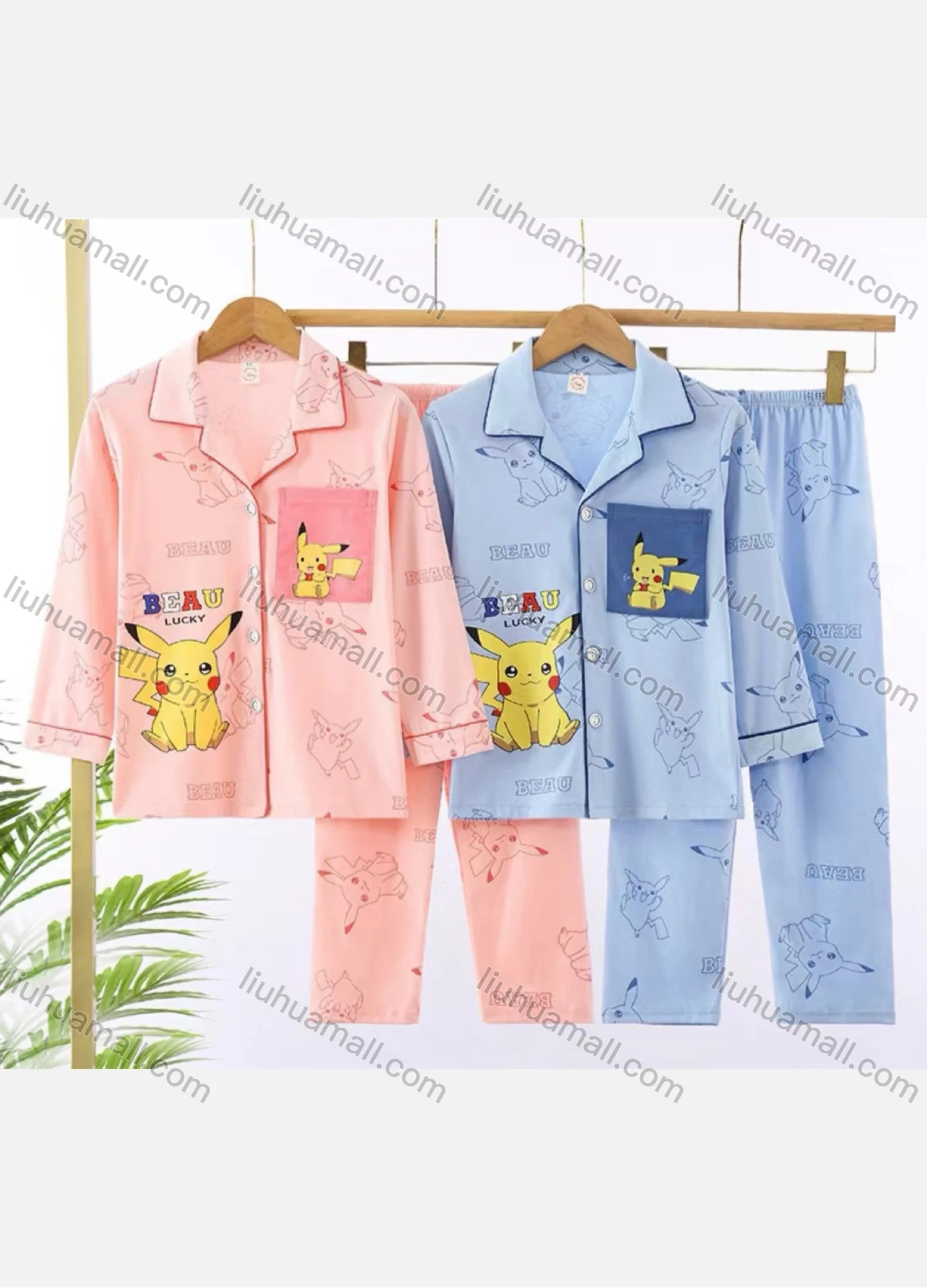 Wholesale Unisex Cartoon Letter Lapel Patch Pocket Button Down Long Sleeve Lounge Pajamas 2 Piece Set 19# - Liuhuamall