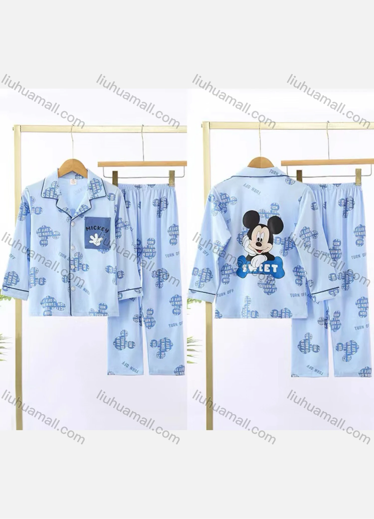 Wholesale Boys Cartoon Letter Print Lapel Pocket Button Down Long Sleeve Lounge Pajamas 2 Piece Set 20# - Liuhuamall