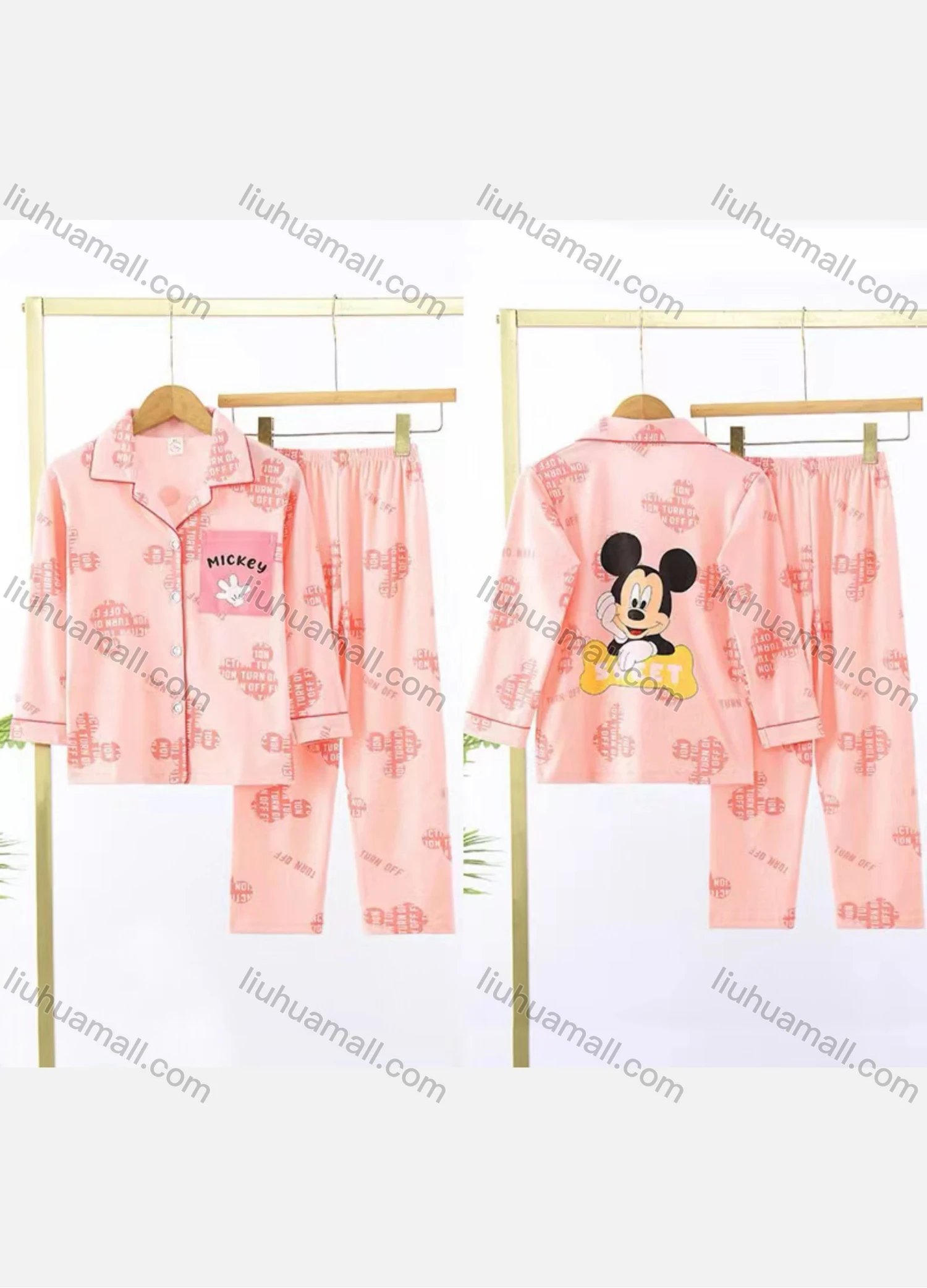 Wholesale Girls Cute Cartoon Letter Print Lapel Pocket Button Down Long Sleeve Lounge Pajamas 2 Piece Set 21# - Liuhuamall