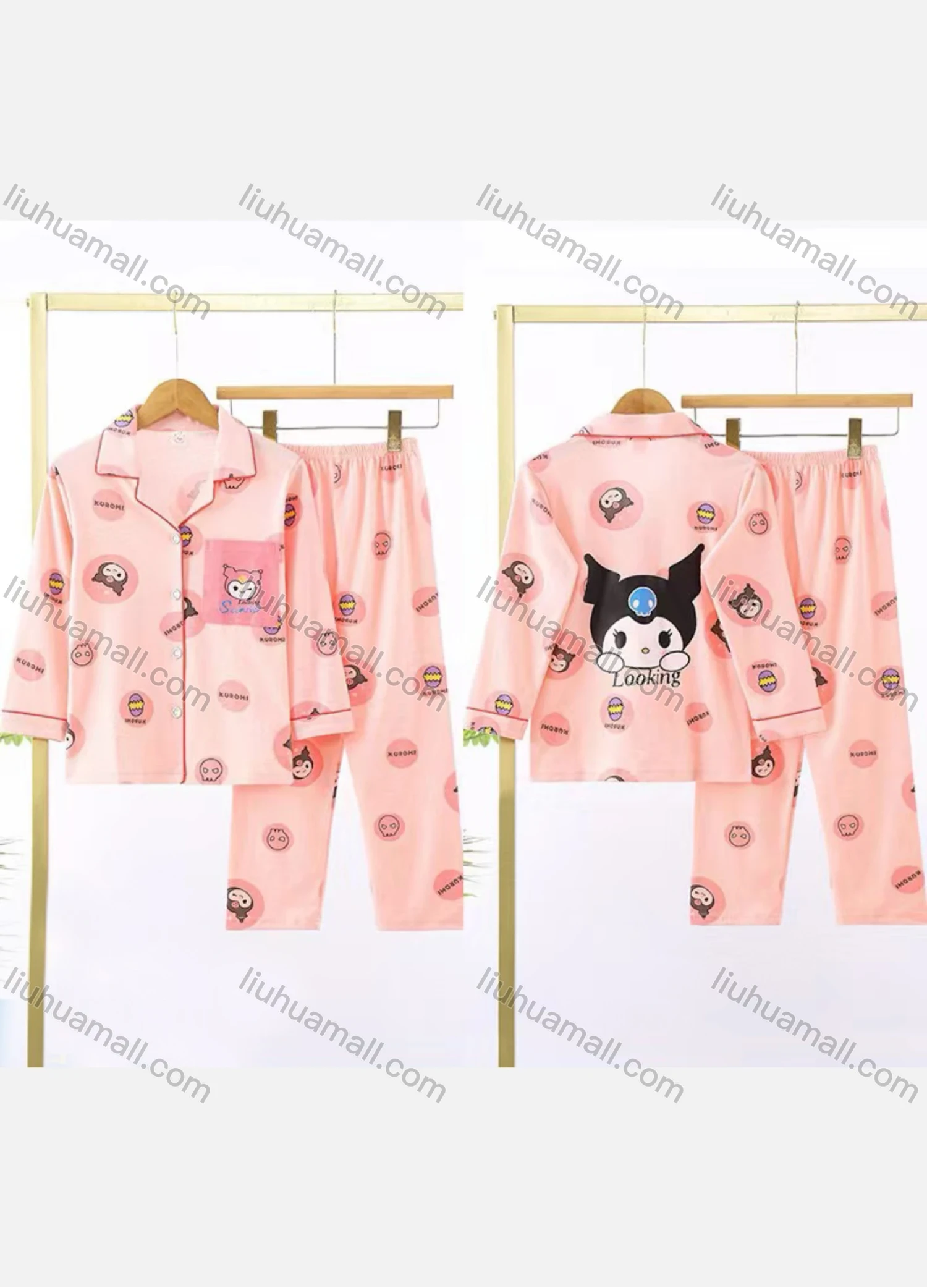 Wholesale Girls Lovely Cartoon Letter Lapel Pocket Button Down Long Sleeve Lounge Pajamas 2 Piece Set 24# - Liuhuamall