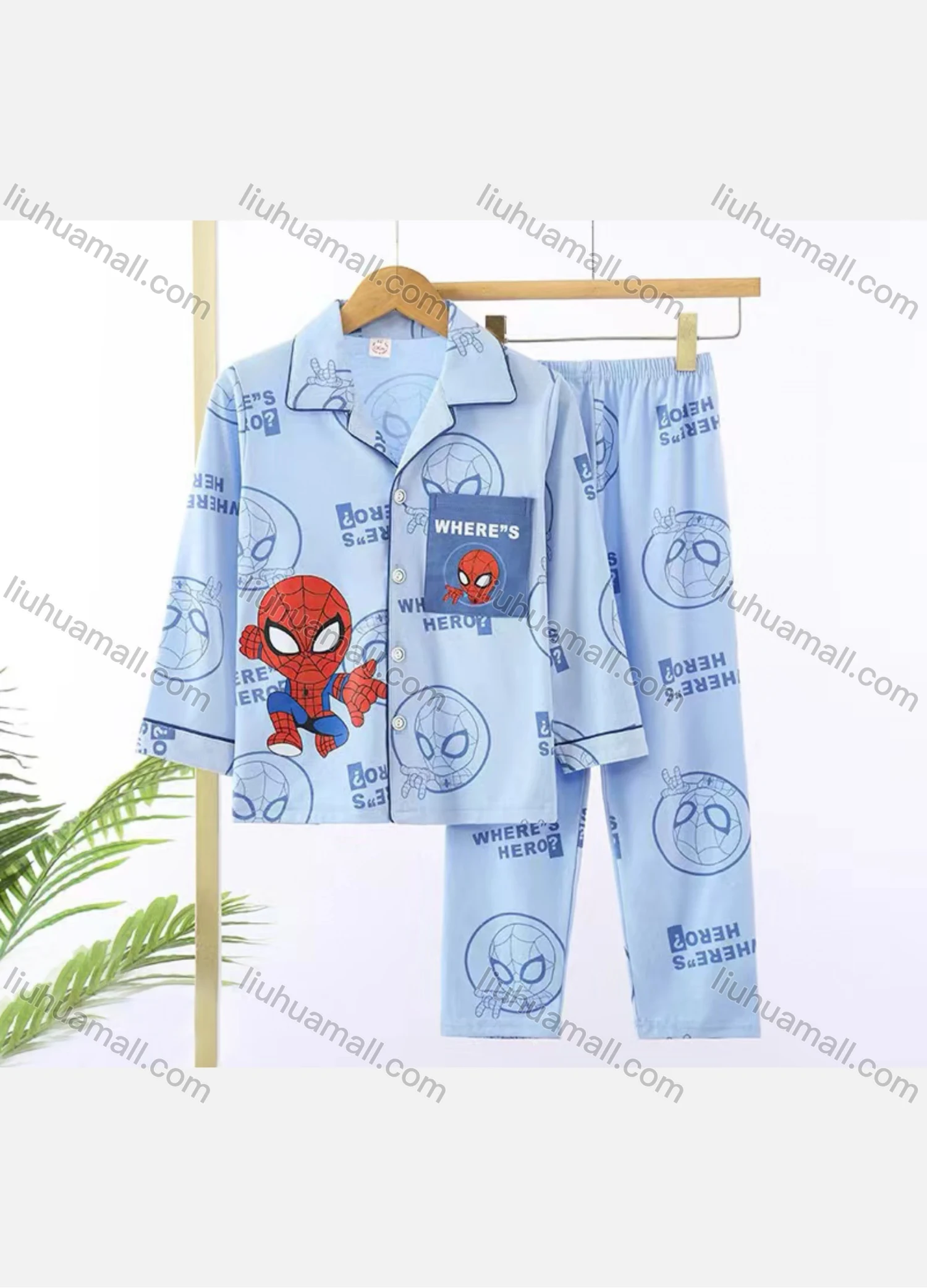 Wholesale Boys Cartoon Letter Lapel Pocket Button Down Long Sleeve Lounge Pajamas 2 Piece Set 25# - Liuhuamall