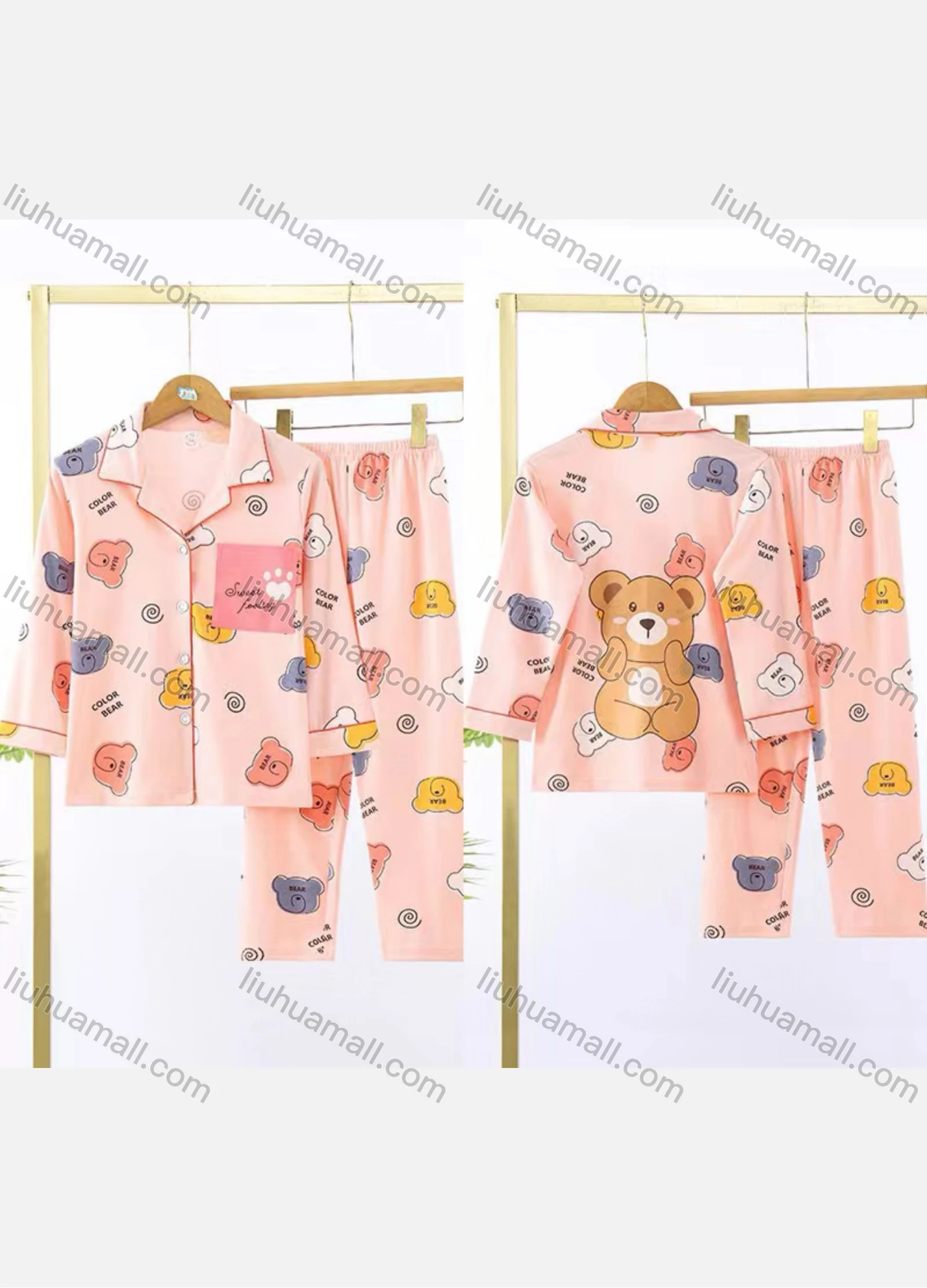 Wholesale Girls Lovely Cartoon Bear Letter Lapel Pocket Button Down Long Sleeve Lounge Pajamas 2 Piece Set 26# - Liuhuamall