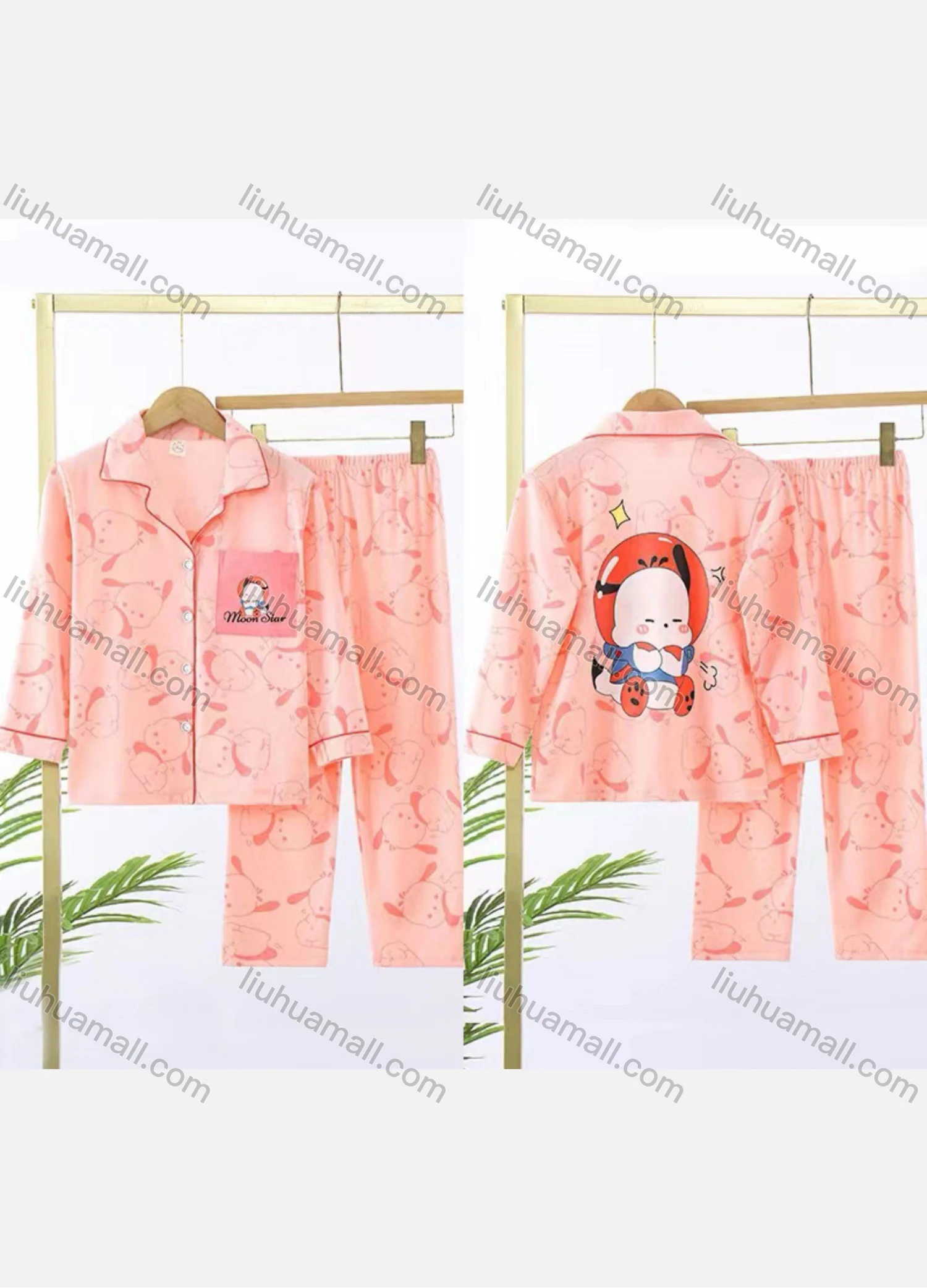 Wholesale Girls Cute Cartoon Print Lapel Pocket Button Down Long Sleeve Lounge Pajamas 2 Piece Set 27# - Liuhuamall
