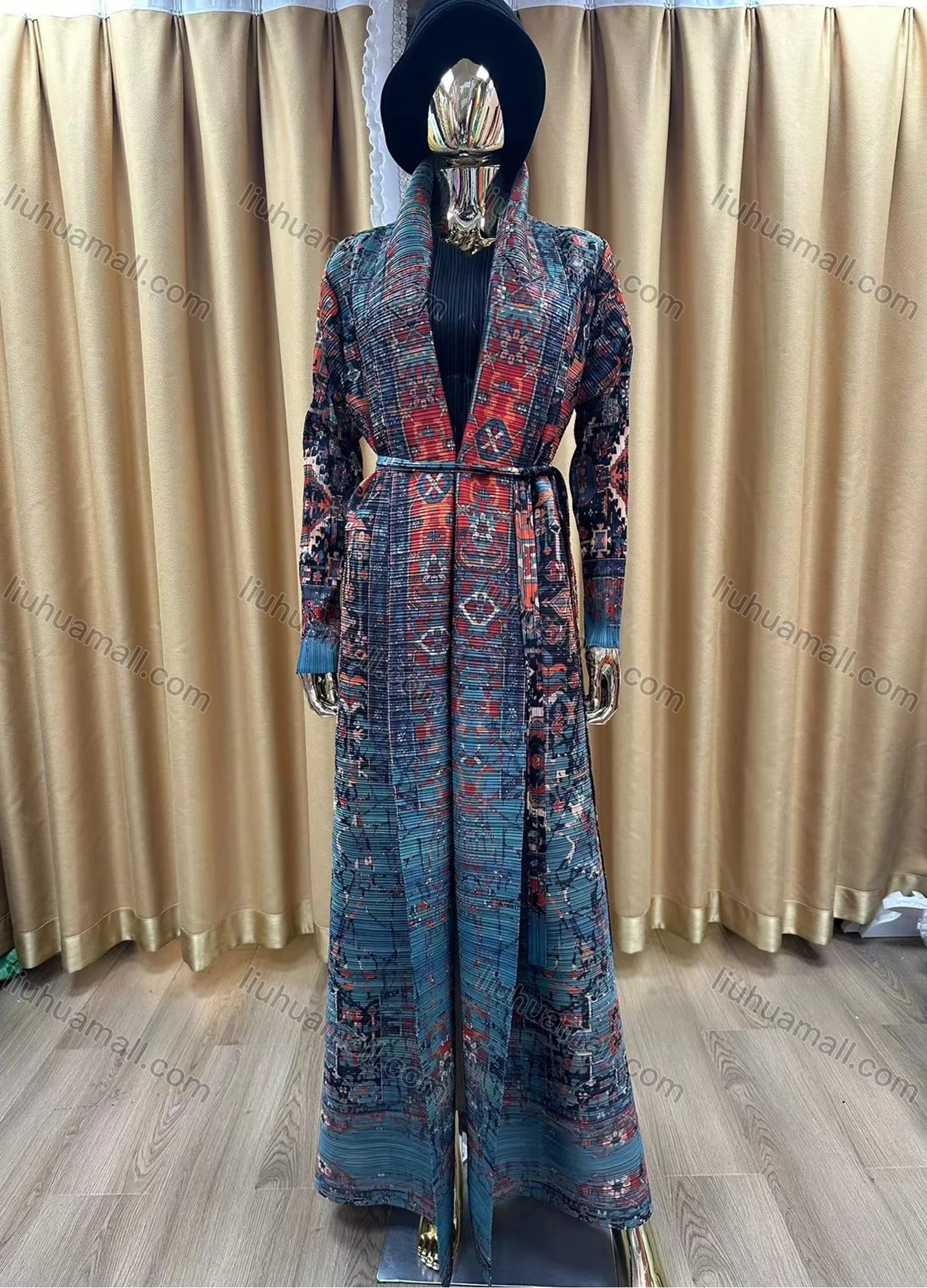 Wholesale Women's Casual Allover Geometric Ombre Print Long Sleeve Maxi Cardigan With Belt 1602# - Liuhuamall