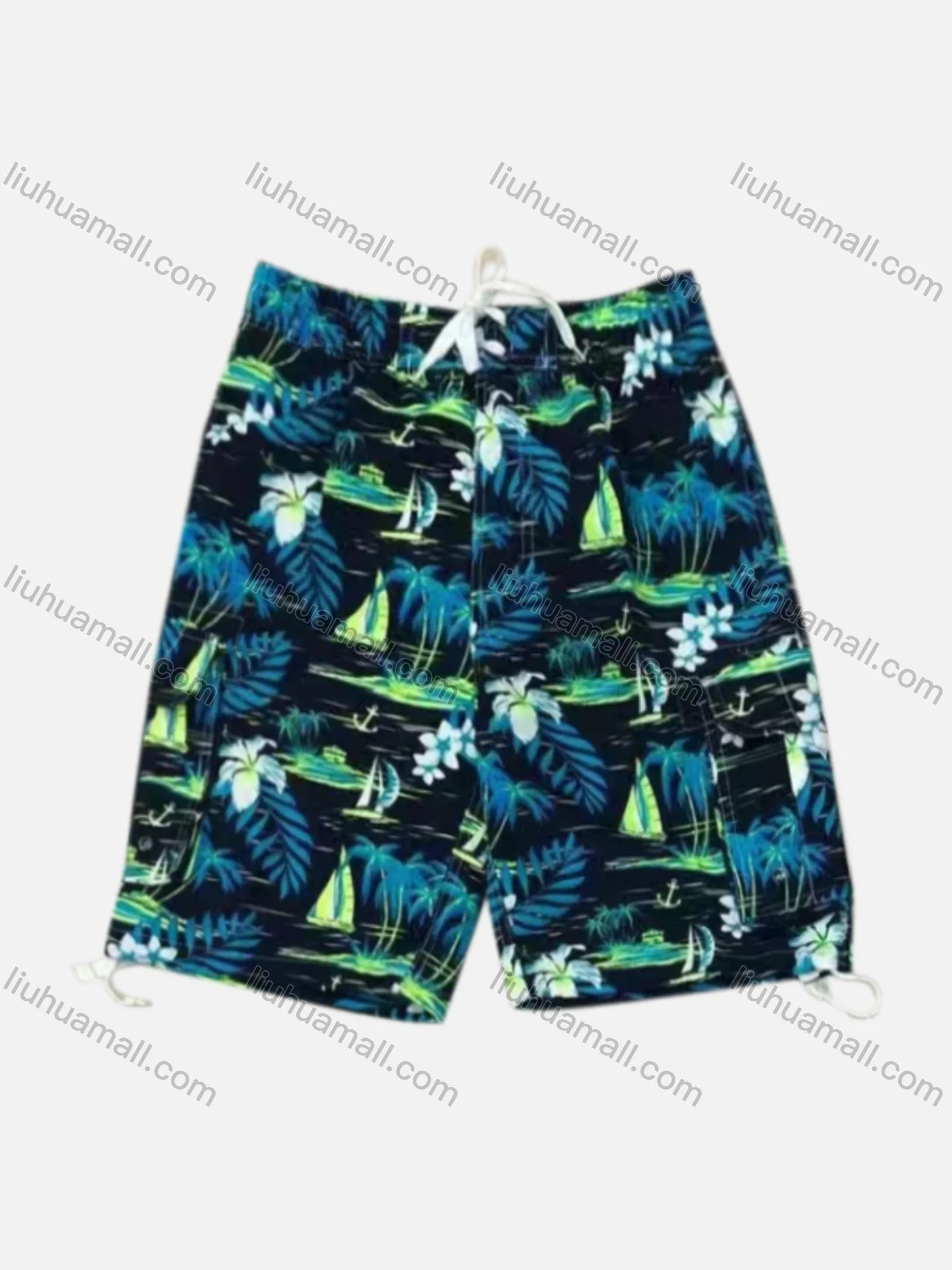 Wholesale Men's Vacation Tropical Print Flap Pockets Drawstring Beach Shorts 182# - Liuhuamall