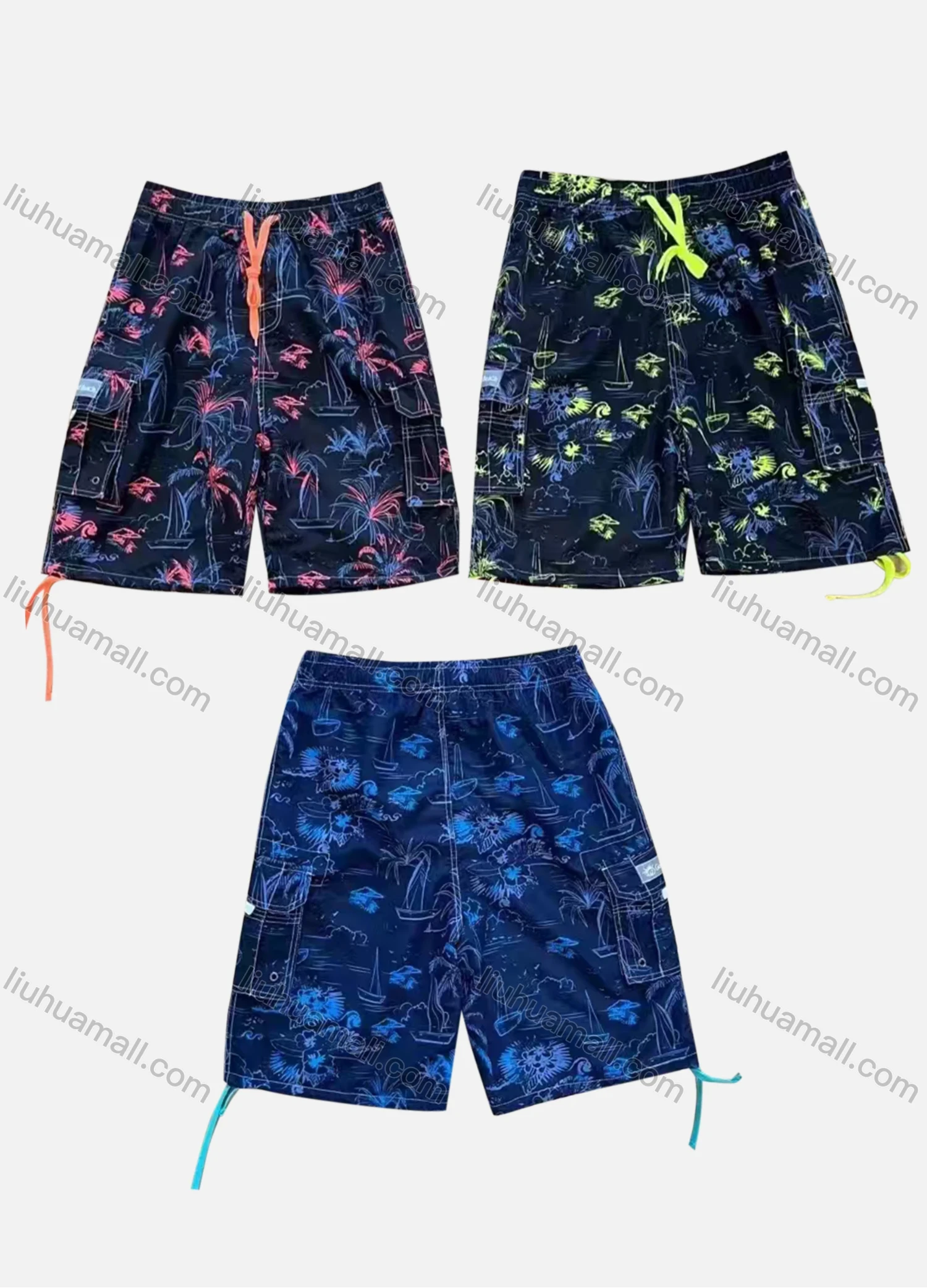 Wholesale Men's Vacation Tropical Print Flap Pockets Drawstring Beach Shorts 187# - Liuhuamall