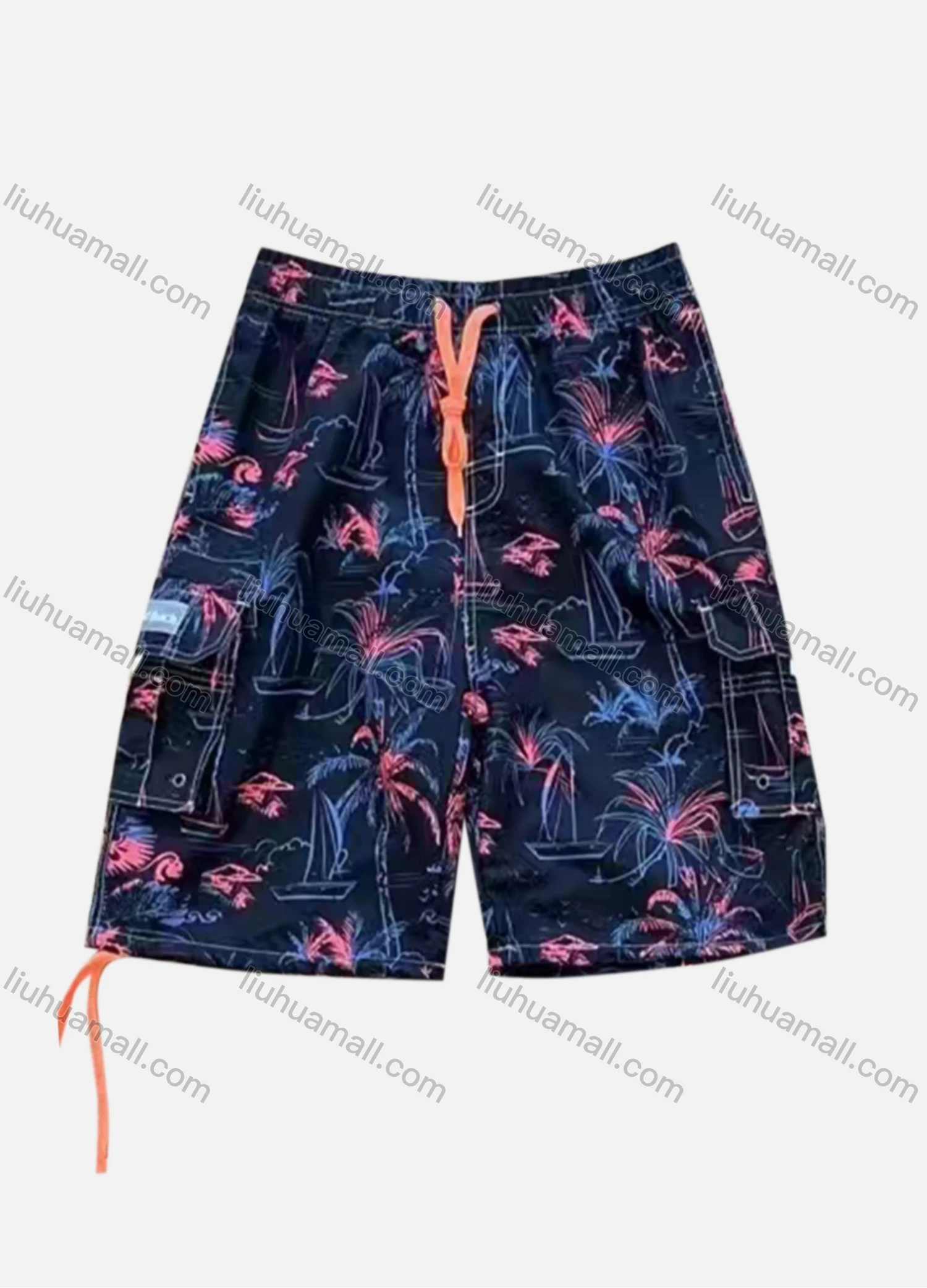 Wholesale Men's Vacation Tropical Print Flap Pockets Drawstring Beach Shorts 187# - Liuhuamall