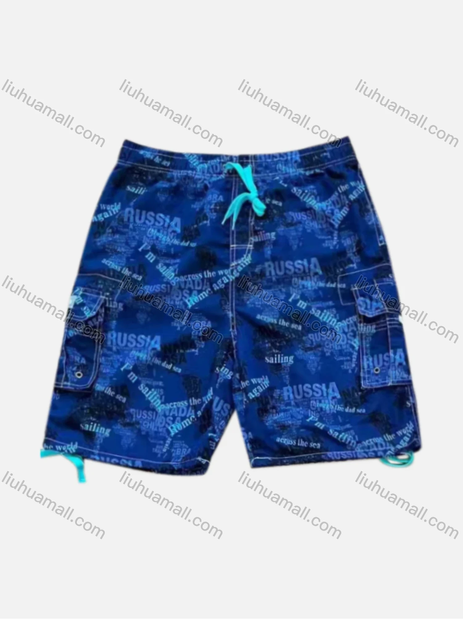 Wholesale Men's Vacation Allover Letter Print Flap Pockets Drawstring Beach Shorts 188# - Liuhuamall