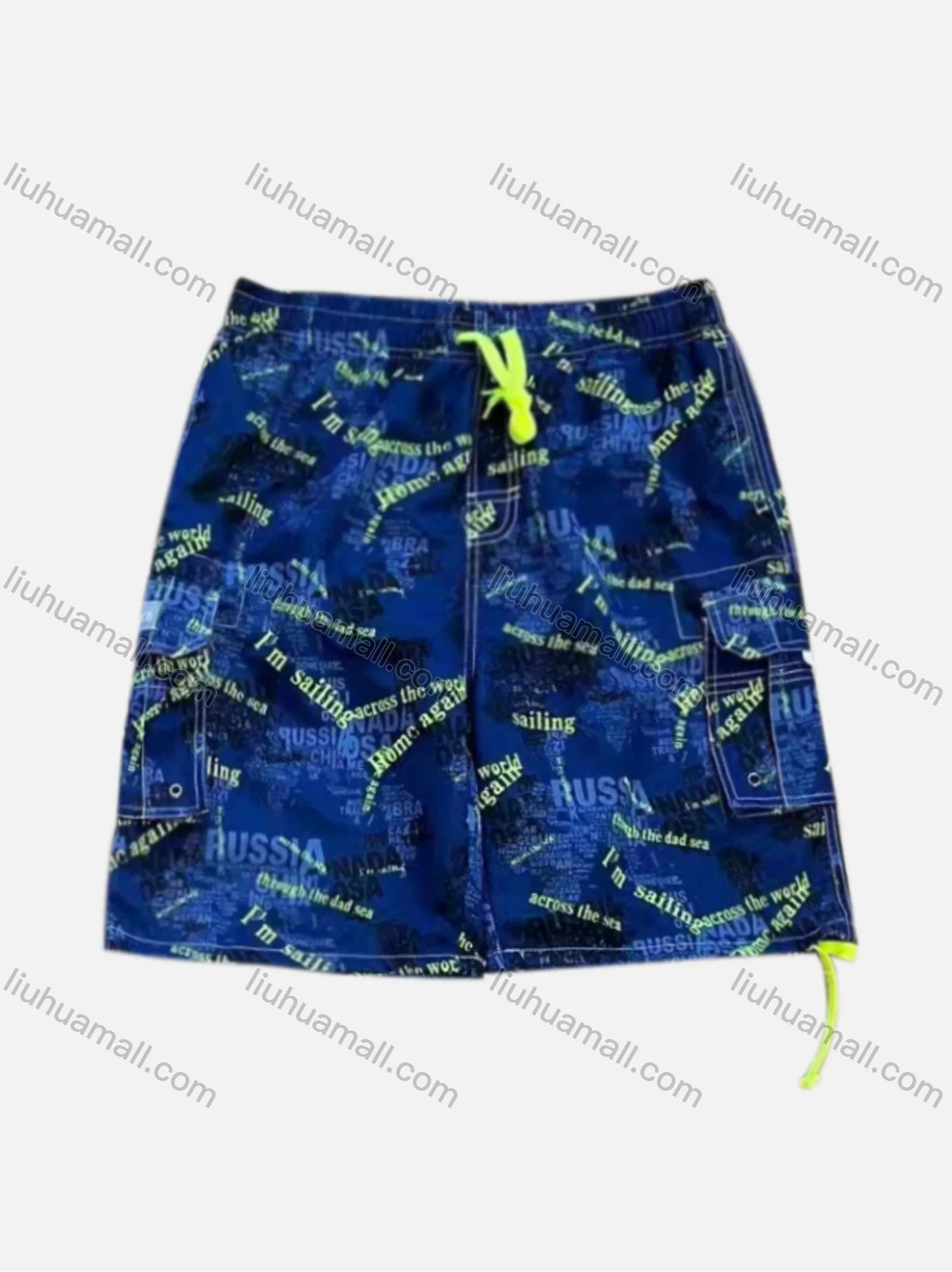 Wholesale Men's Vacation Allover Letter Print Flap Pockets Drawstring Beach Shorts 188# - Liuhuamall