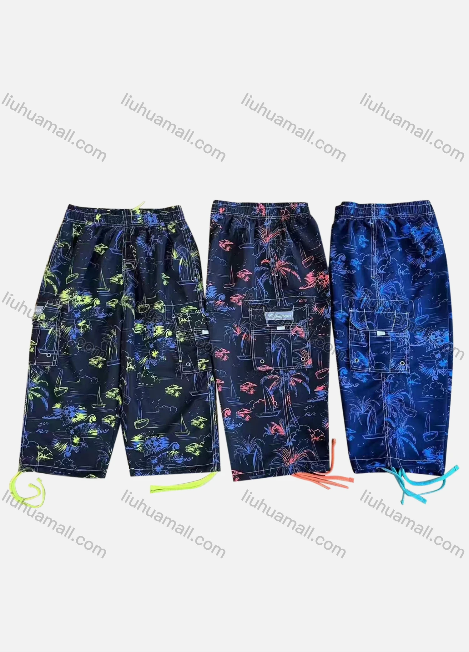 Wholesale Men's Vacation Tropical Print Flap Pockets Drawstring Beach Shorts 197# - Liuhuamall