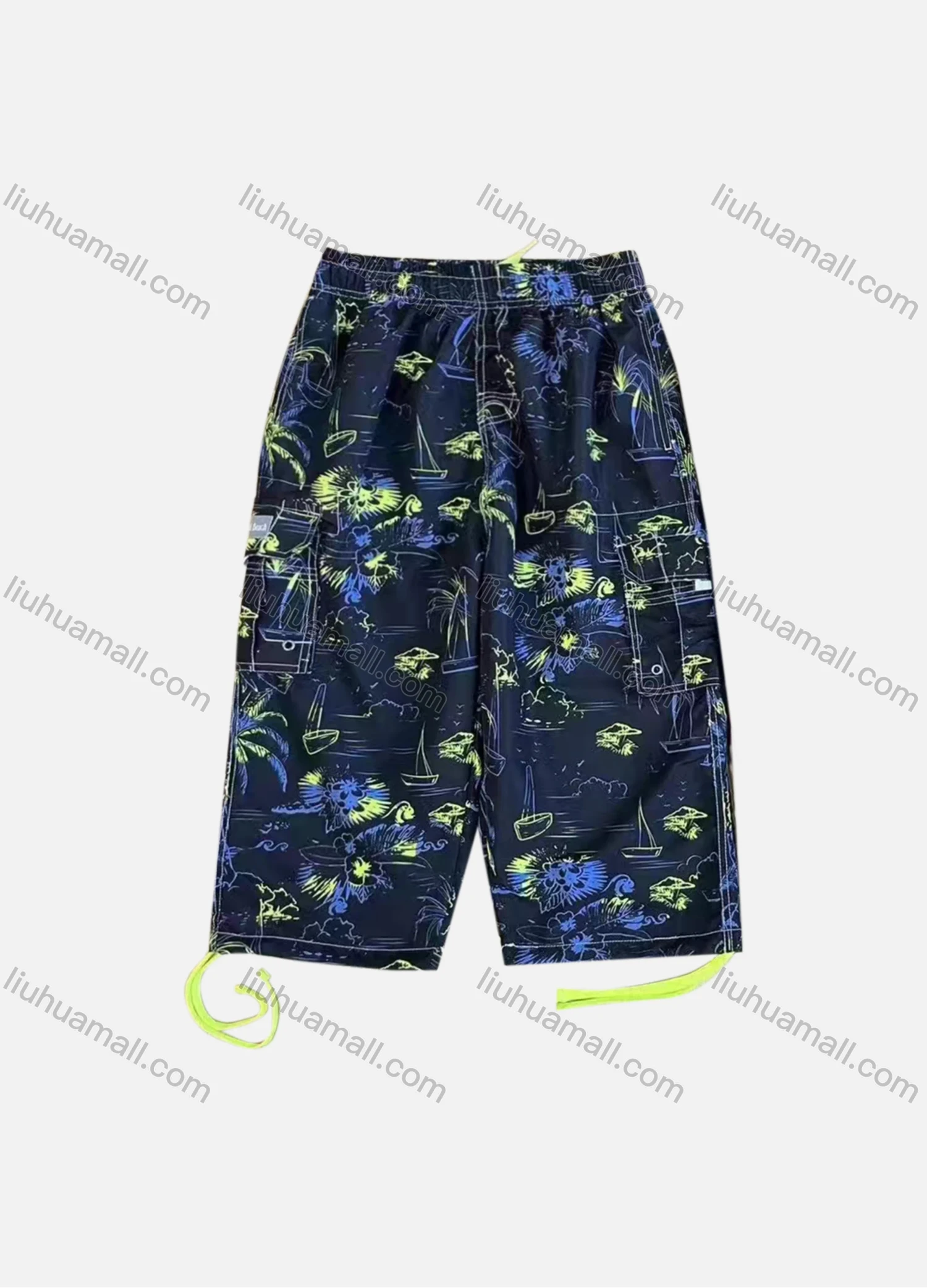 Wholesale Men's Vacation Tropical Print Flap Pockets Drawstring Beach Shorts 197# - Liuhuamall