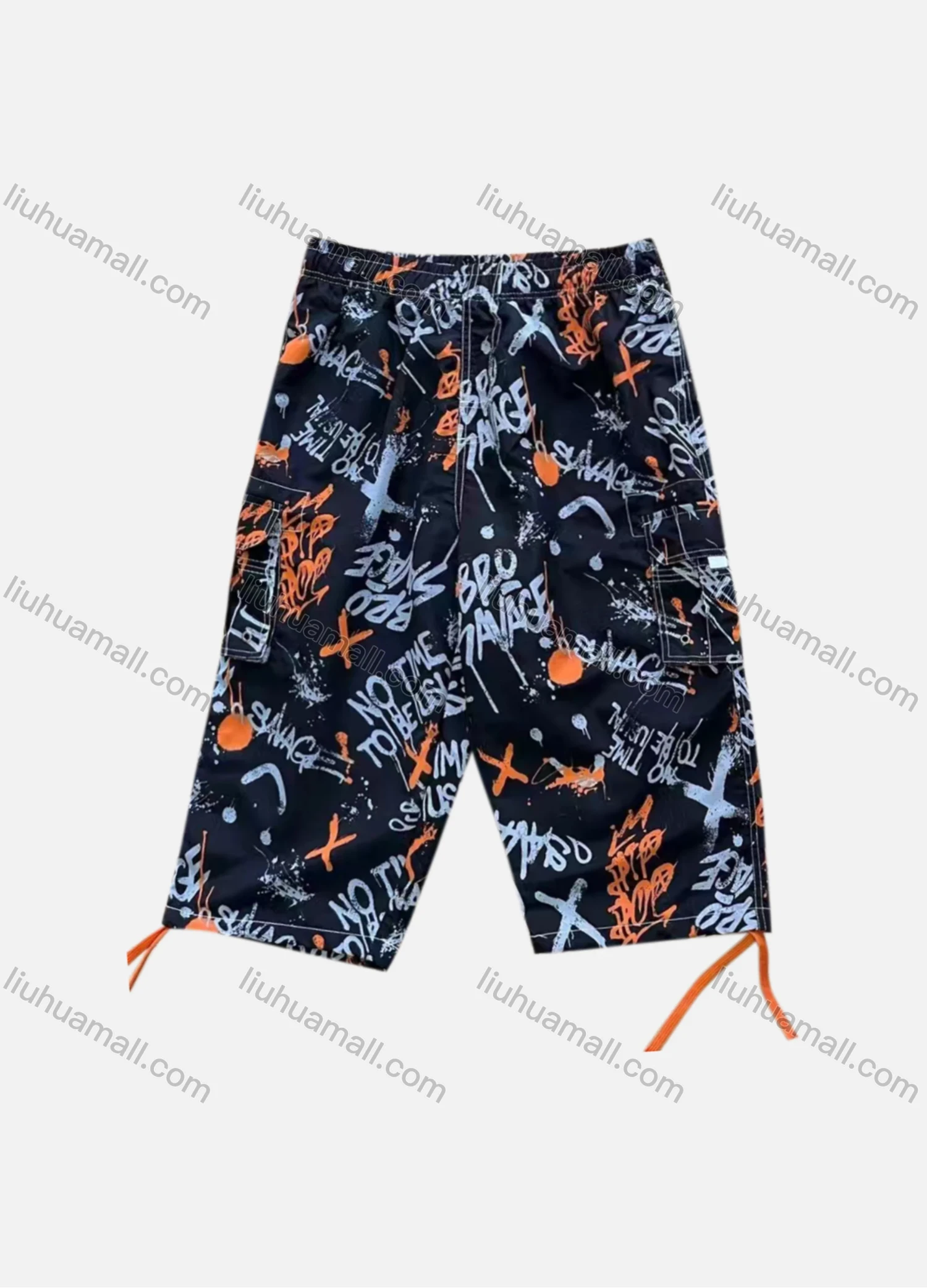 Wholesale Men's Vacation Graffiti Letter Print Flap Pockets Drawstring Beach Shorts 199# - Liuhuamall