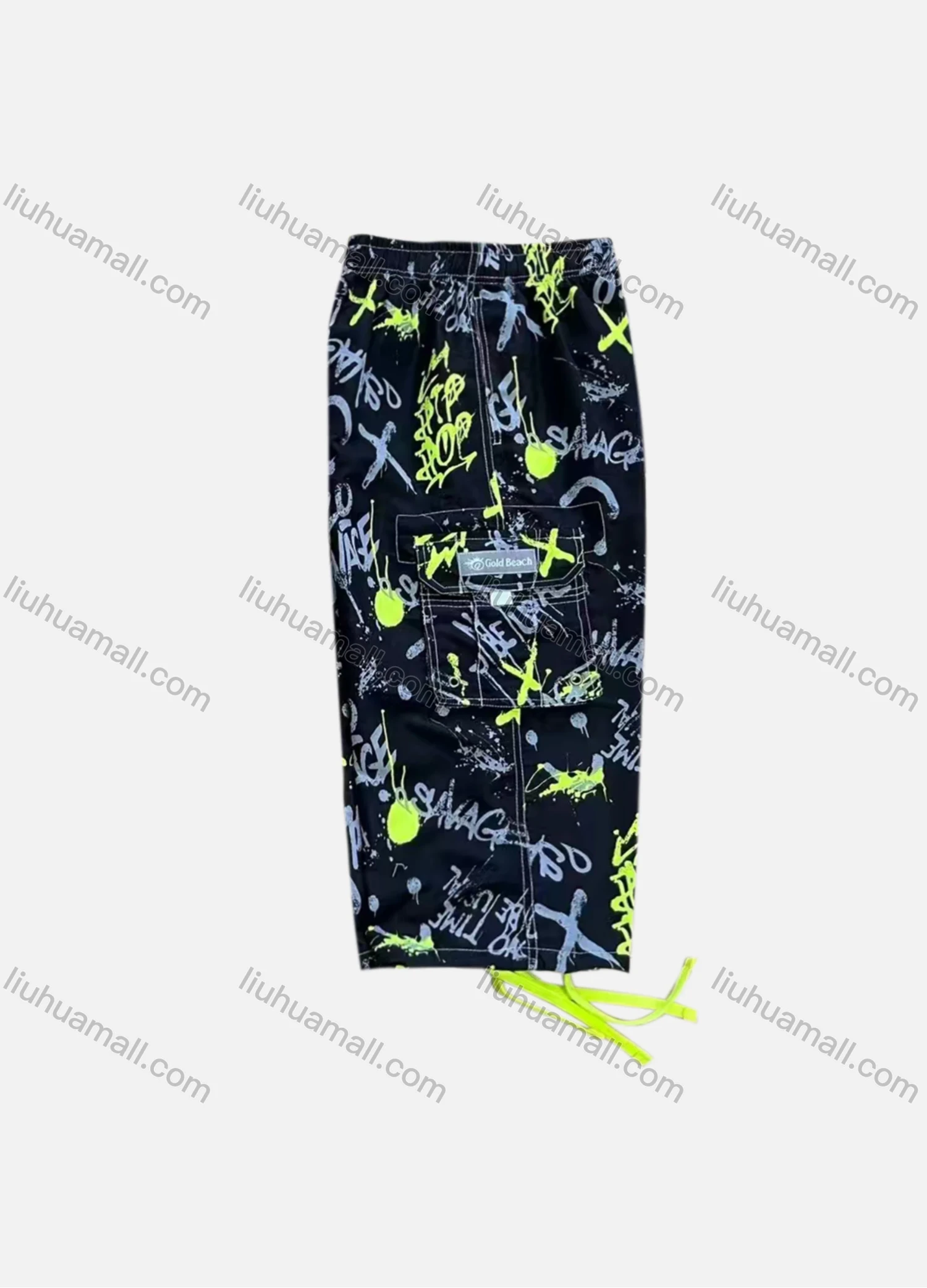 Wholesale Men's Vacation Graffiti Letter Print Flap Pockets Drawstring Beach Shorts 199# - Liuhuamall