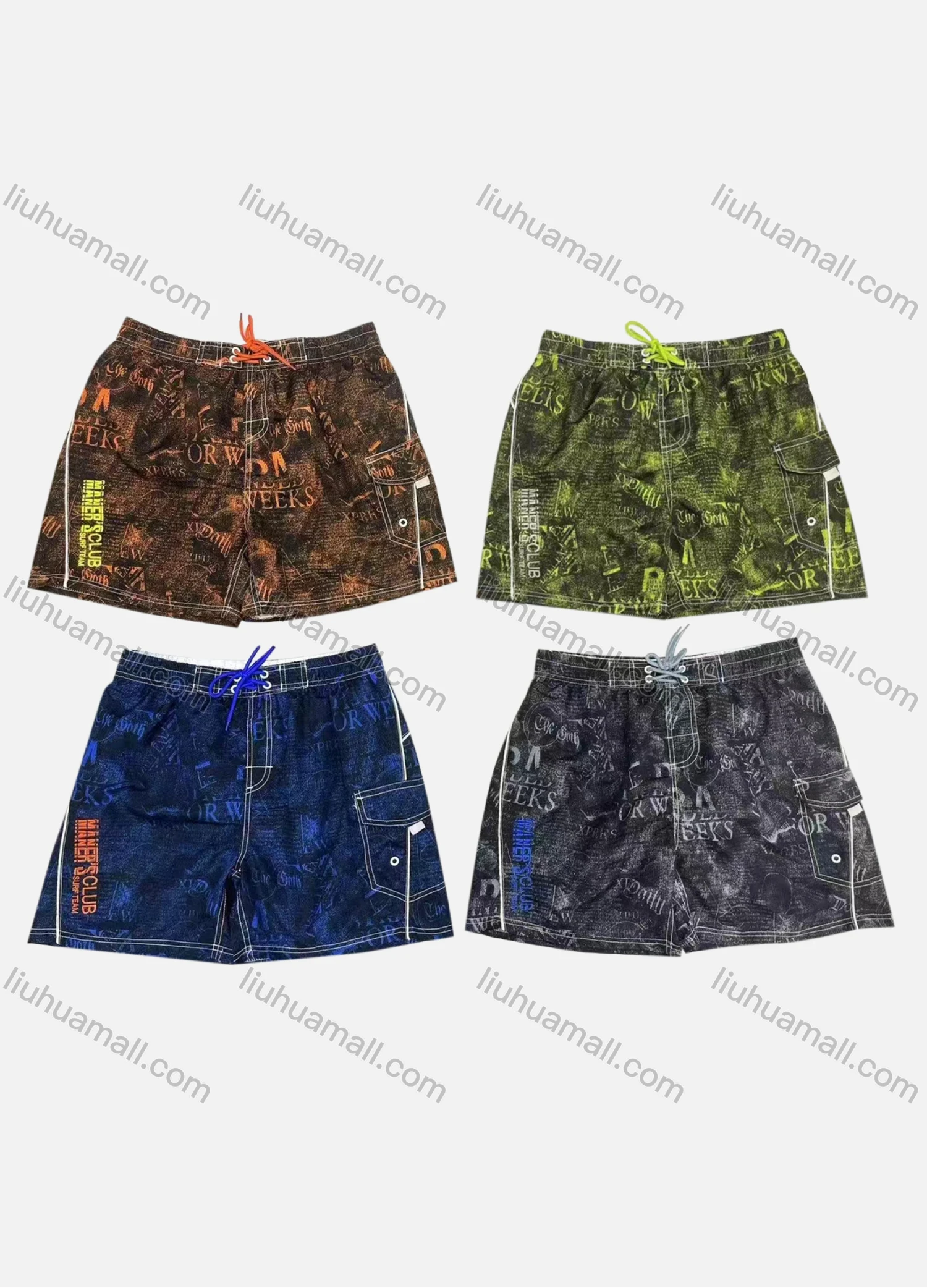Wholesale Men's Vacation Allover Letter Print Flap Pockets Drawstring Beach Shorts 293# - Liuhuamall