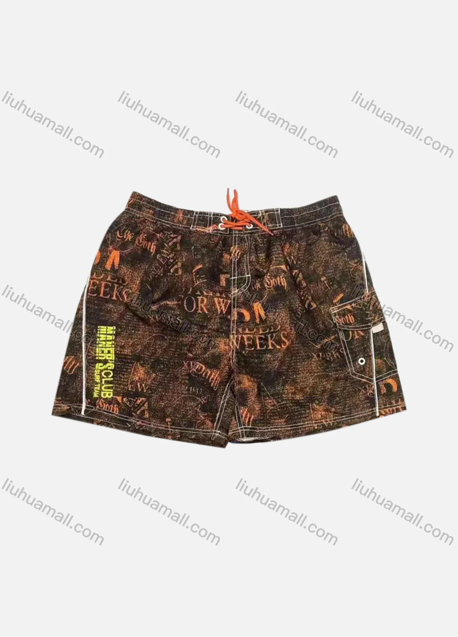 Wholesale Men's Vacation Allover Letter Print Flap Pockets Drawstring Beach Shorts 293# - Liuhuamall