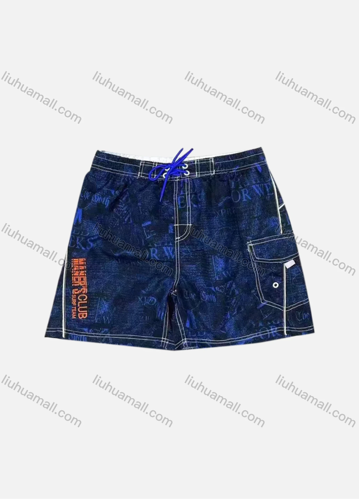 Wholesale Men's Vacation Allover Letter Print Flap Pockets Drawstring Beach Shorts 293# - Liuhuamall