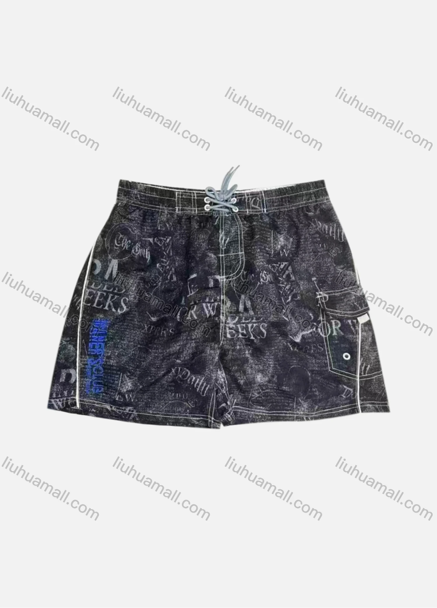 Wholesale Men's Vacation Allover Letter Print Flap Pockets Drawstring Beach Shorts 293# - Liuhuamall